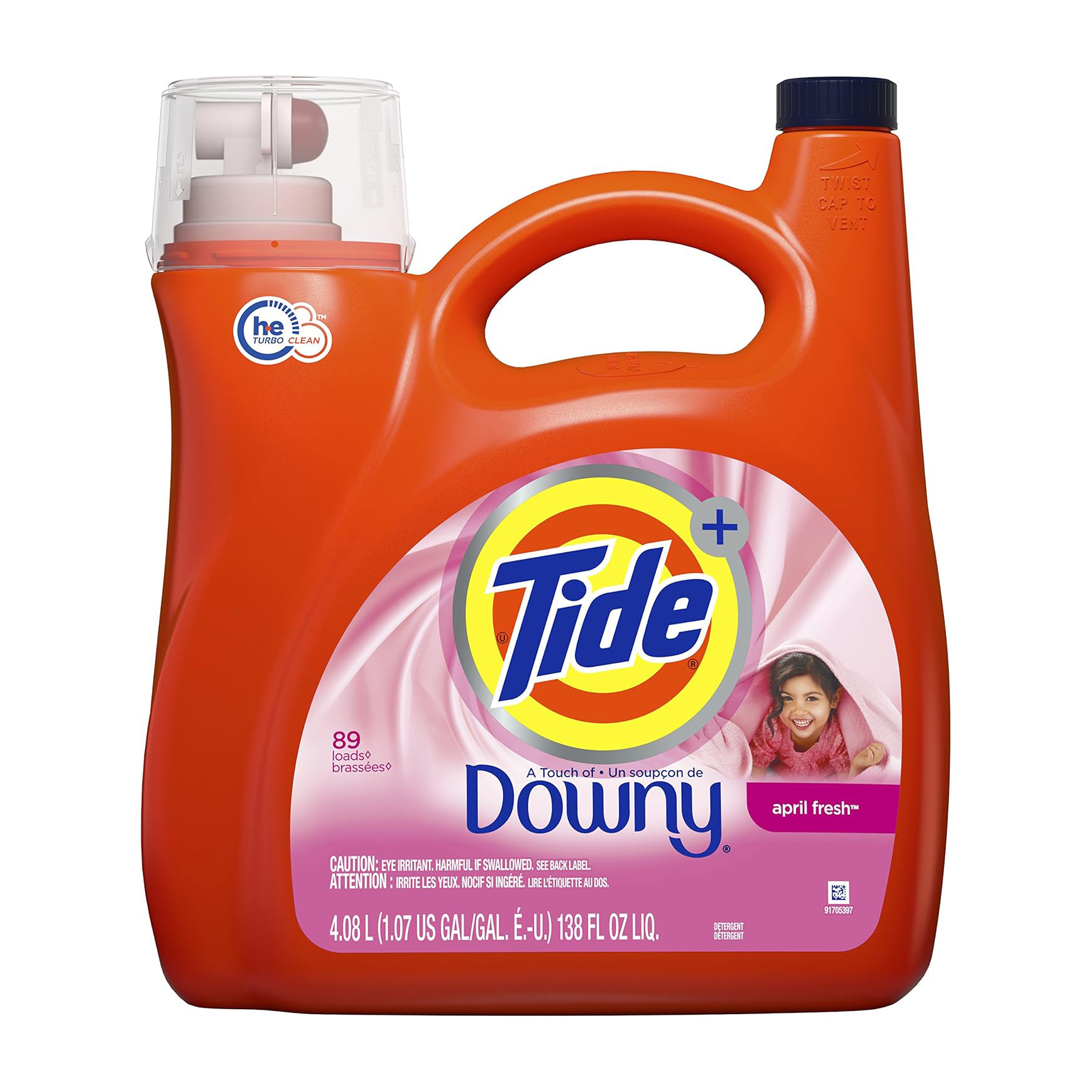 Tide plus Downy Liquid Laundry Detergent Soap, April Fresh Scent, HE Compatible, 94 Loads, 132 fl oz