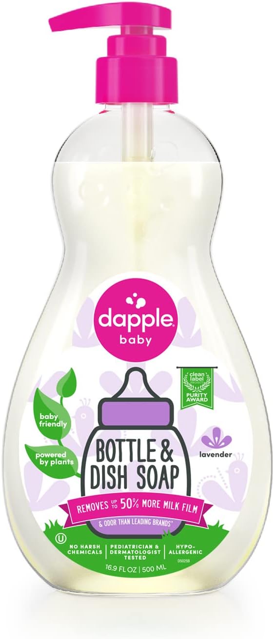 Dapple Baby, Bottle and Dish Soap Dish Liquid Plant Based Hypoallergenic 1 Pump Included, Packaging May Vary, Fragrance Free, 16.9 Fl Oz (Pack of 3)