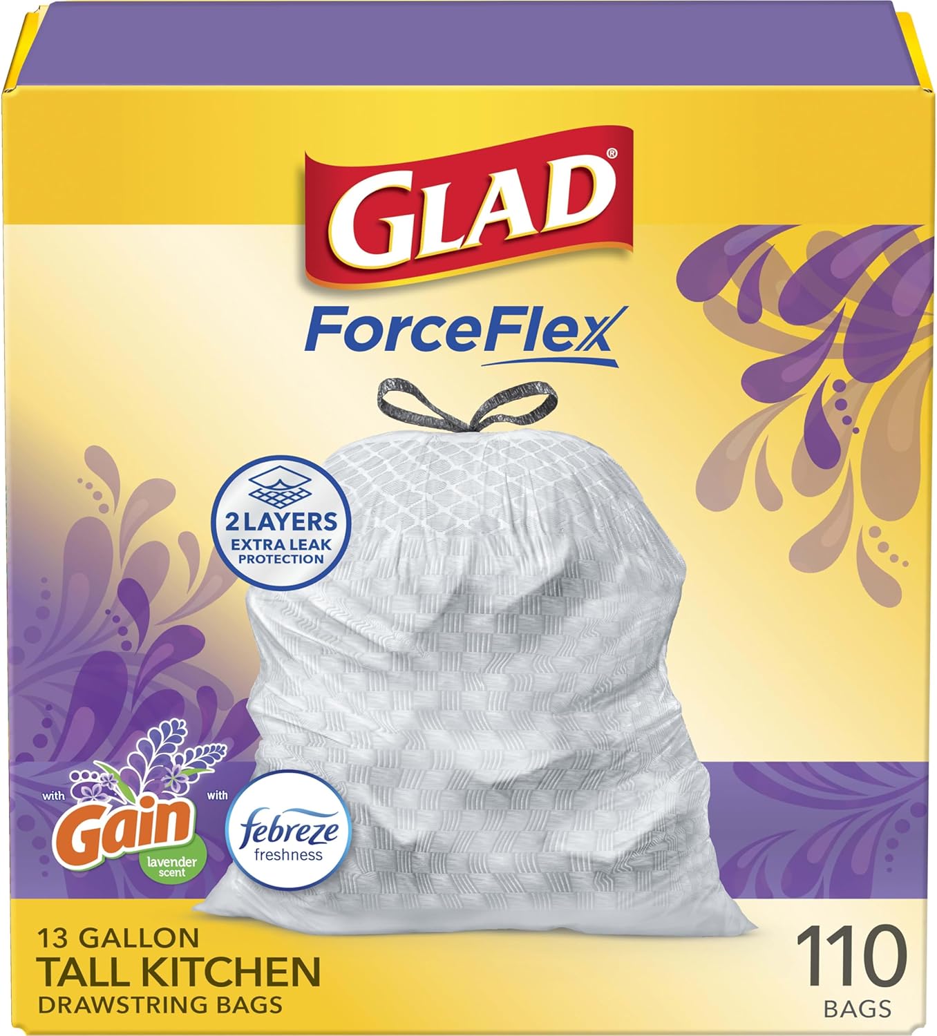 Glad Tall Kitchen Drawstring Trash Bags - Odorshield 13 Gallon White Trash Bag, Febreze Fresh Clean, 110 Count