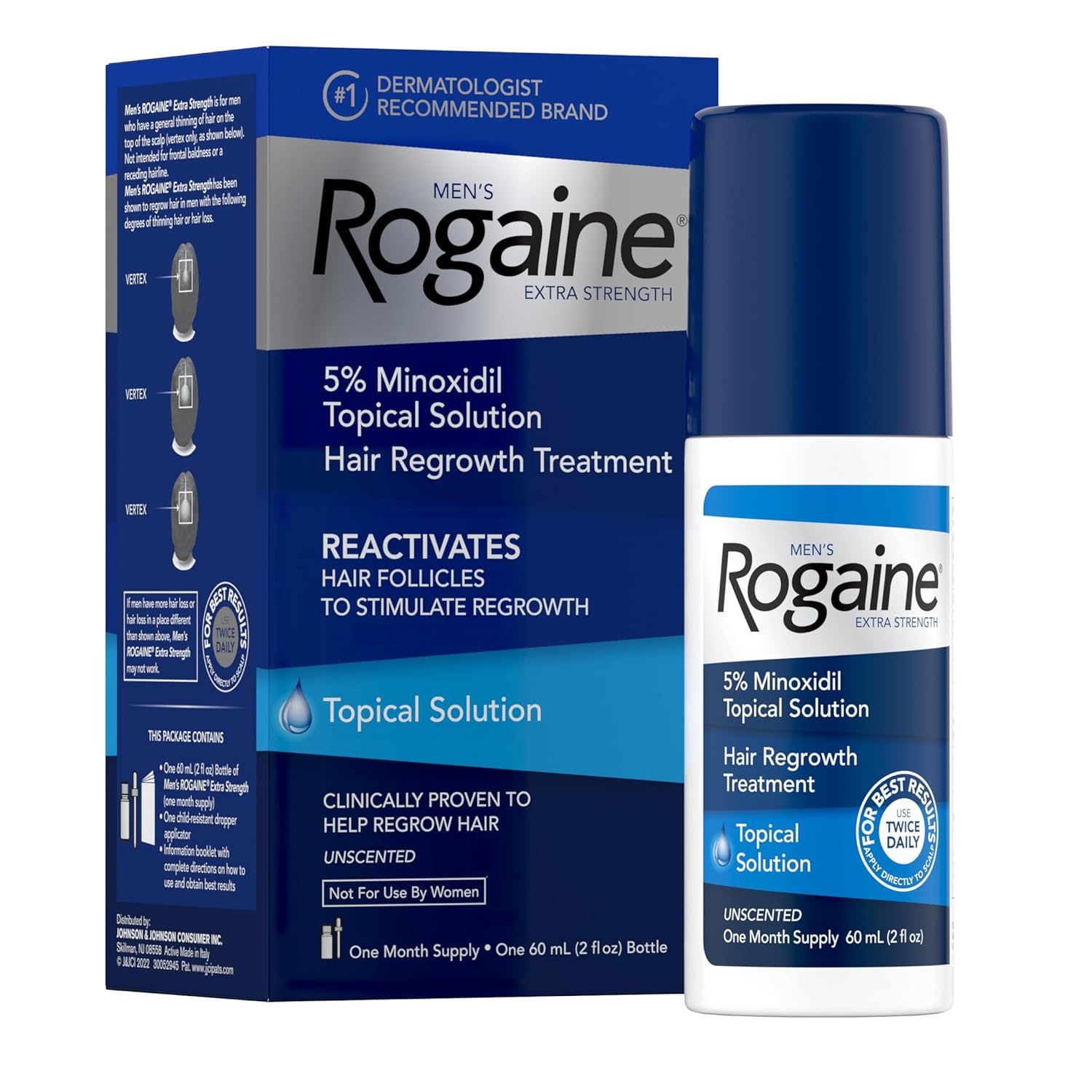 Men's Rogaine Extra Strength 5% Minoxidil Topical Solution for Thin Hair, Hair Loss Treatment to Regrow Fuller, Thicker Hair, 3-Month Supply, 3 x 2 fl. oz