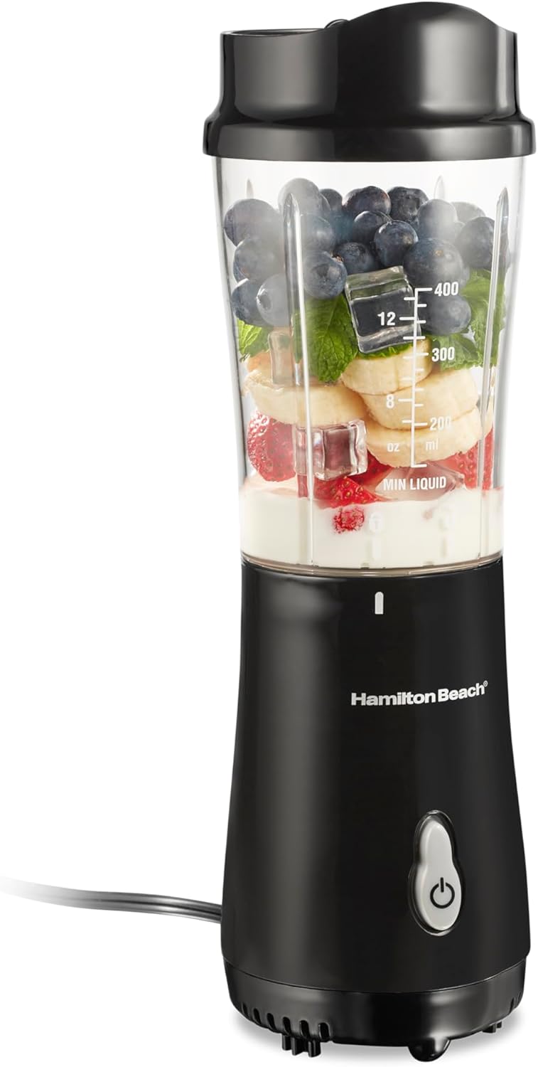 Hamilton Beach Portable Blender for Shakes and Smoothies with 14 Oz BPA Free Travel Cup and Lid, Durable Stainless Steel Blades for Powerful Blending Performance, Black (51101AV)