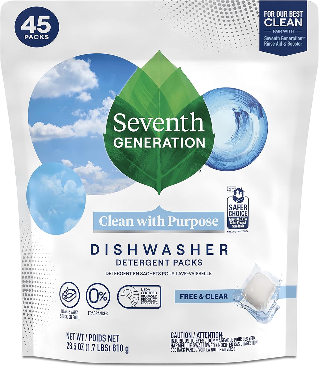 Seventh Generation Dishwasher Detergent Packs Free & Clear Pack of 2 for sparkling dishes Dishwasher tabs 45 count