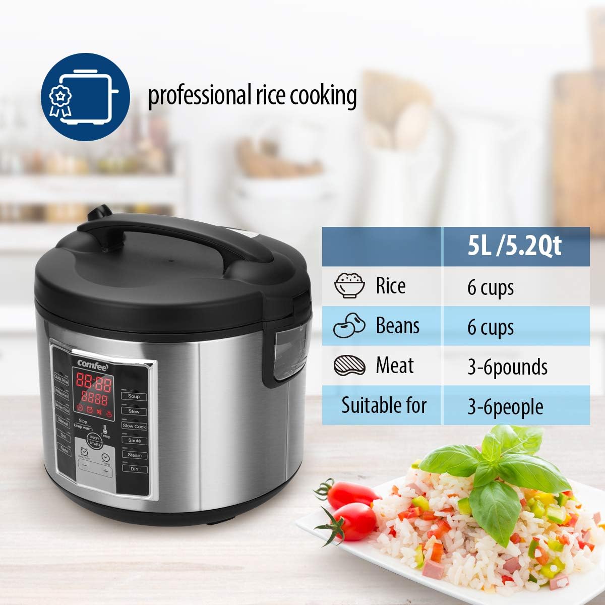 COMFEE' Compact Rice Cooker, 6-in-1 Stainless Steel Multi Cooker, Slow Cooker, Steamer, Saute, and Warmer, 2 QT, 8 Cups Cooked(4 Cups Uncooked), Brown Rice, Quinoa and Oatmeal, 6 One-Touch Programs