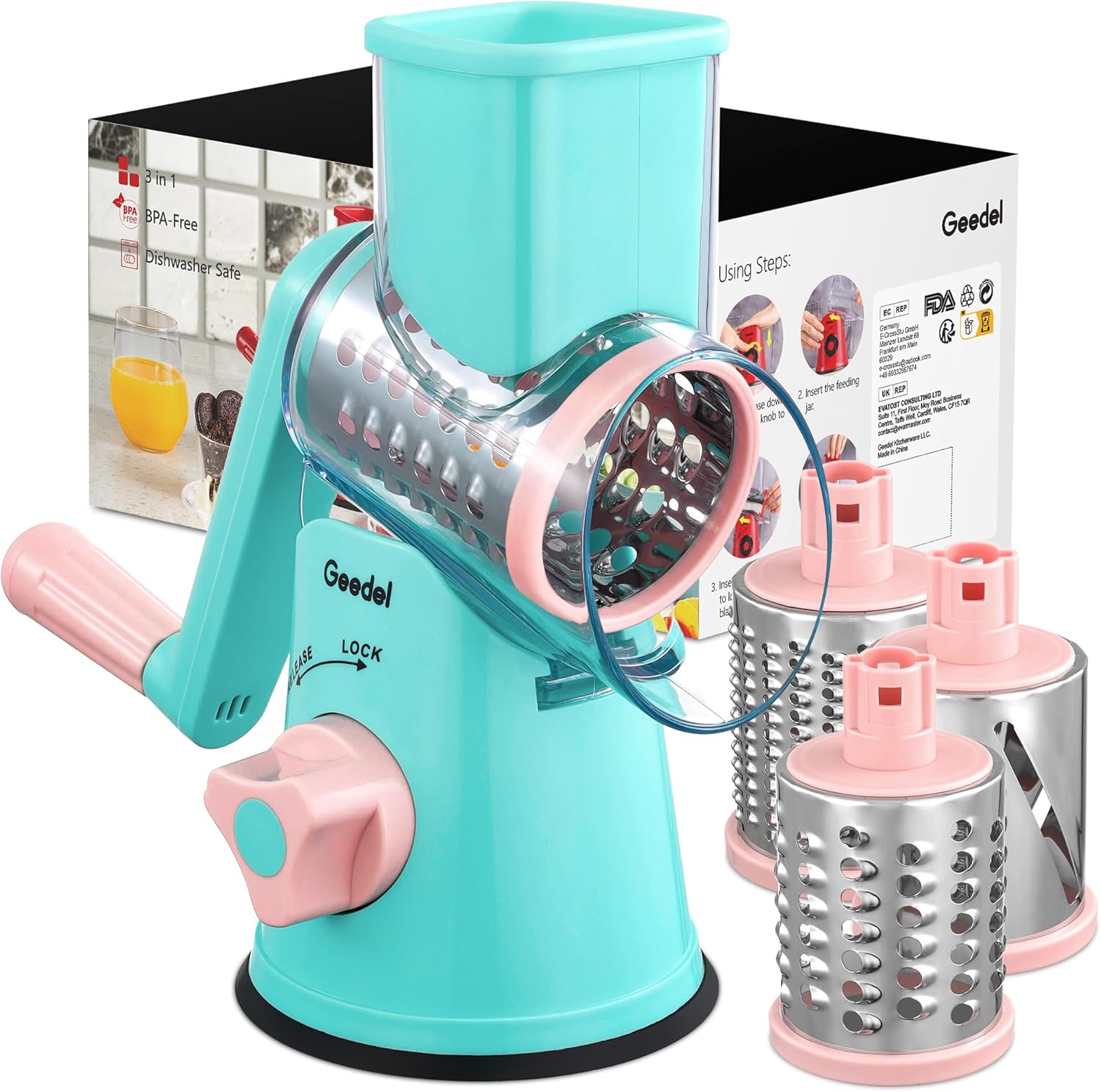 Geedel Rotary Cheese Grater, Kitchen Mandoline Vegetable Slicer with 3 Interchangeable Blades, Easy to Clean Grater for Fruit, Vegetables, Nuts