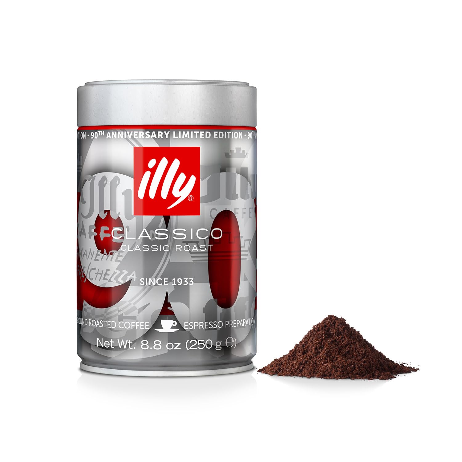 illy Classico Espresso Ground Coffee, Medium Roast, Classic Roast with Notes of Chocolate & Caramel, 100% Arabica Coffee, All-Natural, No Preservatives, 8.8 oz, Ground for Espresso Machines