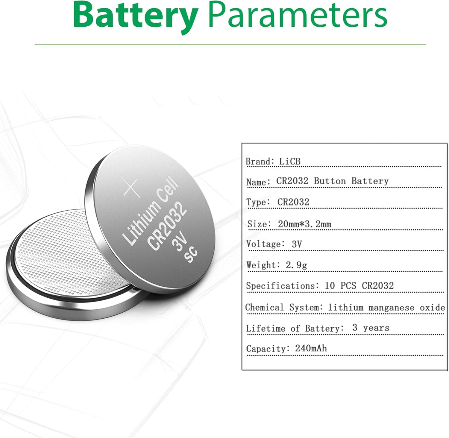 LiCB CR2032 3V Lithium Battery(10-Pack)