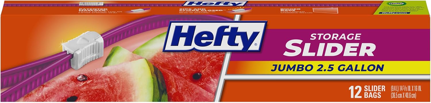 Hefty Slider Jumbo Storage Bags, 2.5 Gallon Size, 12 Count