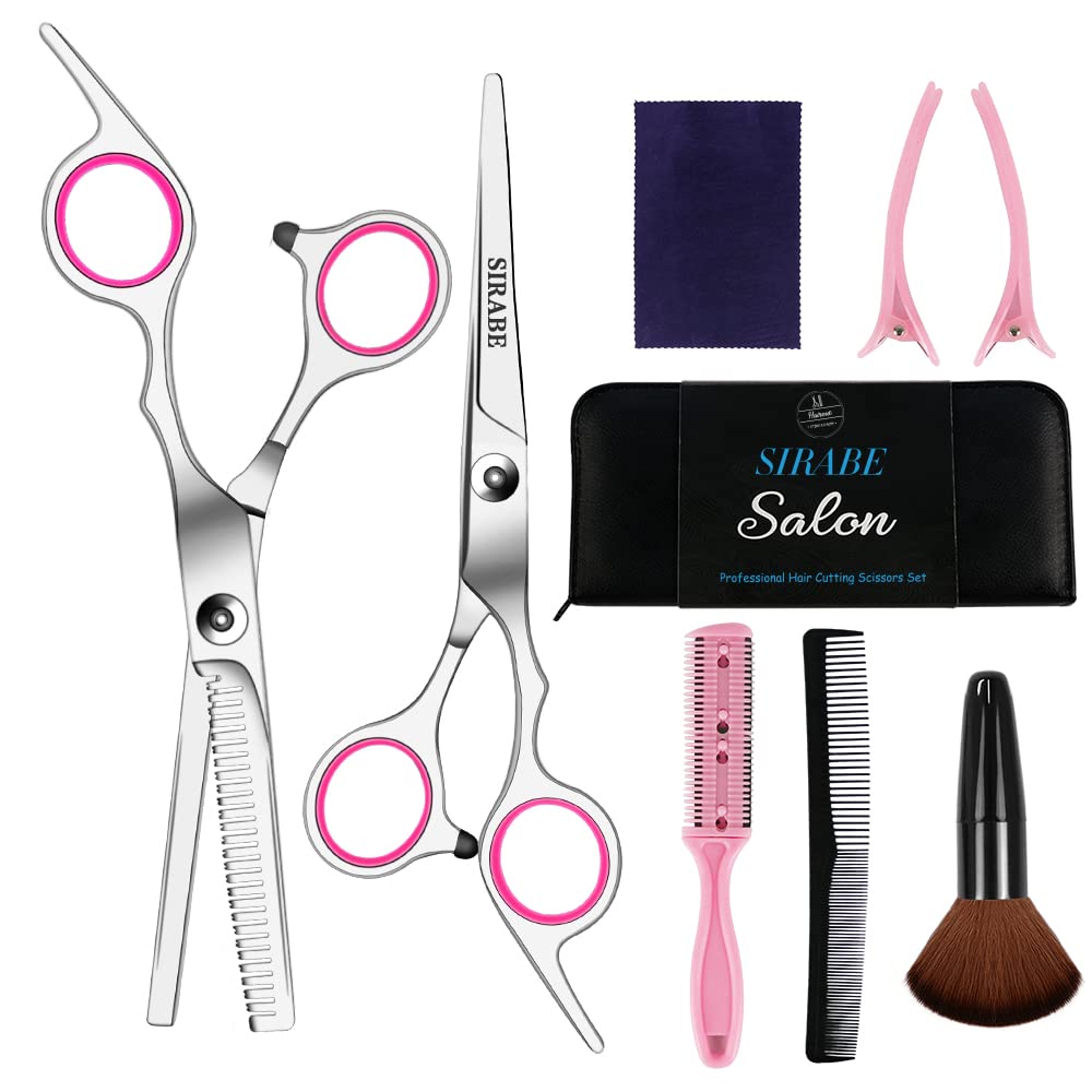 Sirabe 10 PCS Hair Cutting Scissors Set, Professional Haircut Scissors Kit with Cutting Scissors, Thinning Scissors, Comb, Cape, Clips, Black Hairdressing Shears Set for Barber, Salon, Home