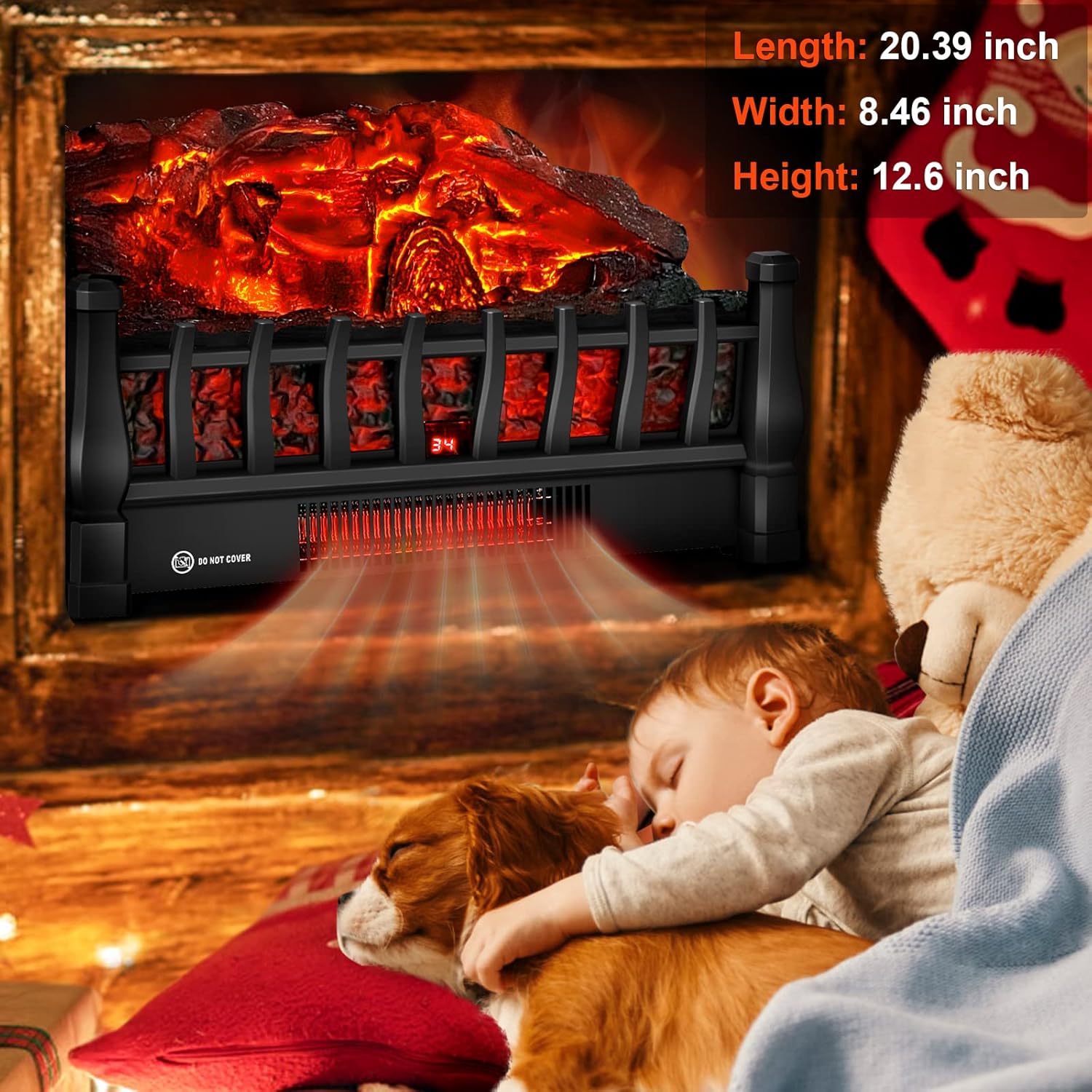 Electric Fireplace Logs Inserts Heater with Infrared Remote Controller 5 Flame Brightness 24 H Timer Overheating Protection for Home and Office Decor Black