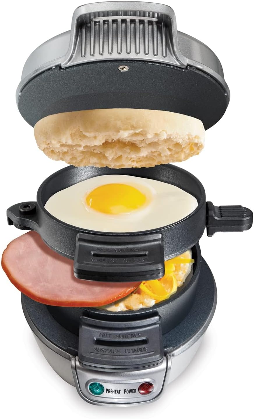 Hamilton Beach Breakfast Sandwich Maker with Egg Cooker Ring, Customize Ingredients, English Muffins, Croissants, Mini Waffles, Perfect White Elephant Gifts, Single, Black