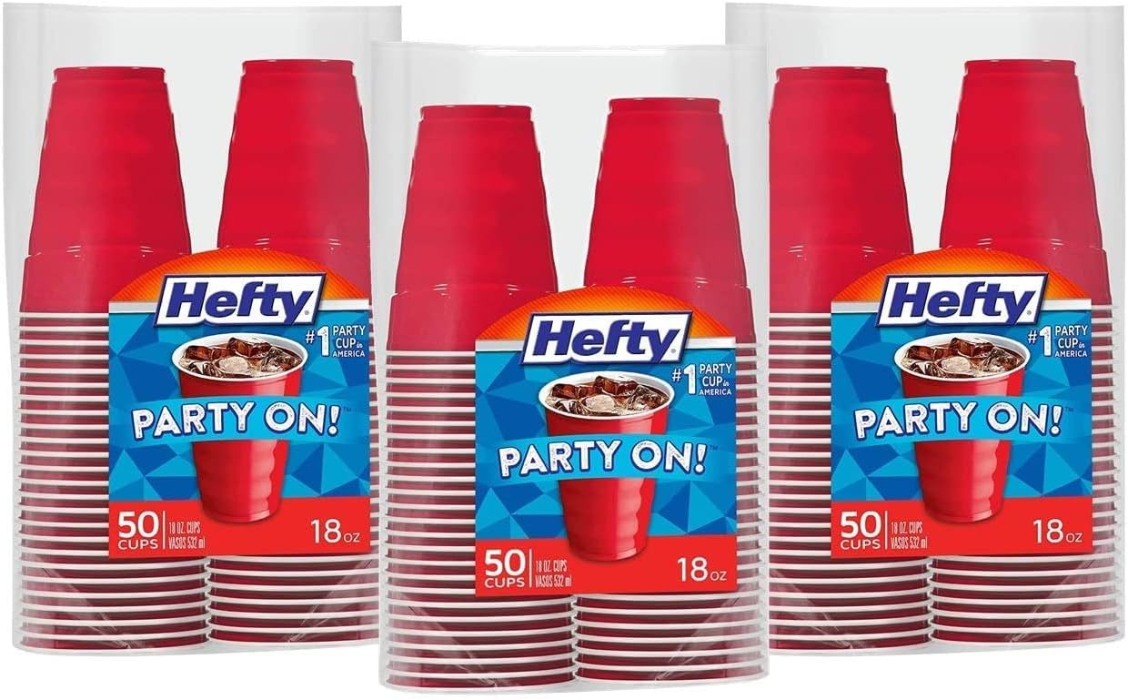 Hefty Party On Disposable Plastic Cups, Red, 18 Ounce, 50 Count