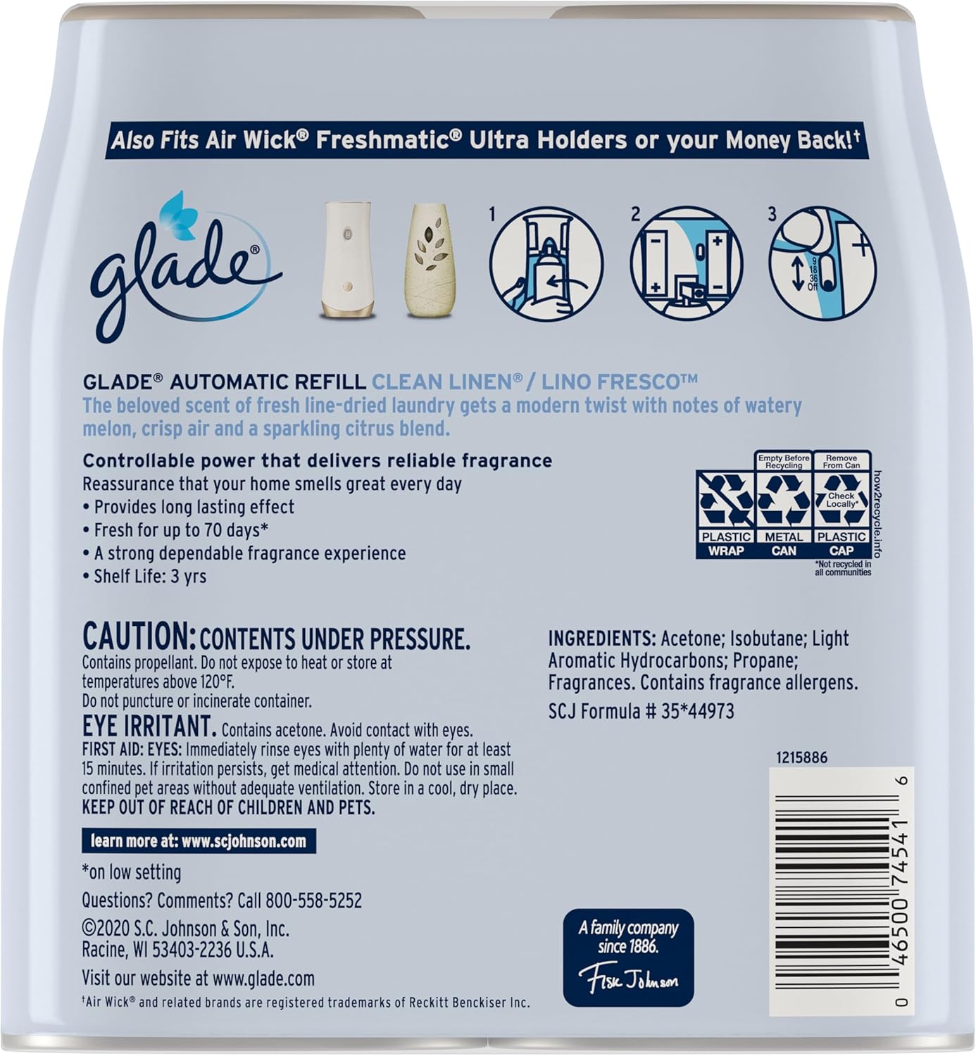 Glade Automatic Spray Air Freshener Refill, Scented Air Freshener for Home and Bathroom, Clean Linen, 6.2 Oz, 2 Count