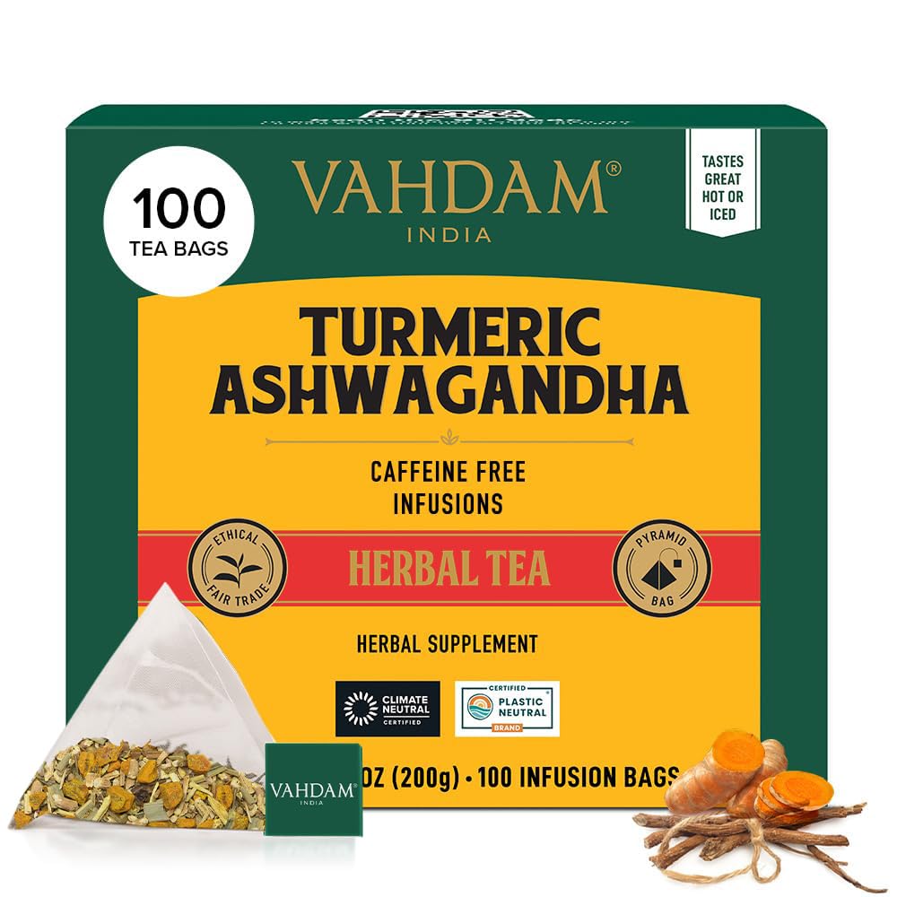 VAHDAM, Organic Turmeric Ginger Herbal Tea Bags (100 Pyramid Tea Bags) Caffeine Free, Non GMO, Gluten Free | 100% Pure Herbal Blend - Savory & Spicy | Plant-Based Tea Bags | Resealable Ziplock Pouch