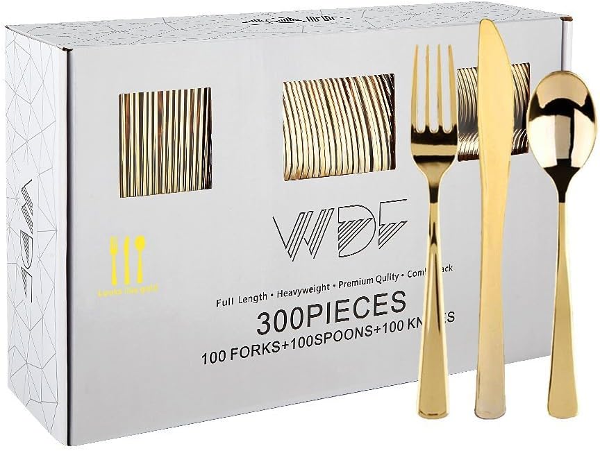 WDF300 Pieces Gold Plastic Silverware - Heavy Duty Disposable Gold Cutlery Set Plastic Gold Silverware Set Plastic Includes 100 Forks, 100 Spoons, 100 Knives