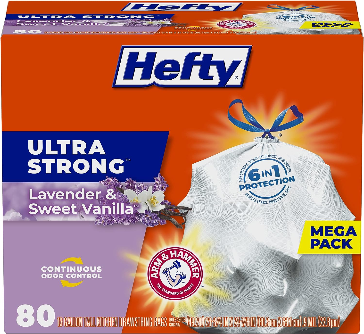 Hefty Ultra Strong Tall Kitchen Trash Bags, Lavender & Sweet Vanilla Scent, 13 Gallon, 80 Count