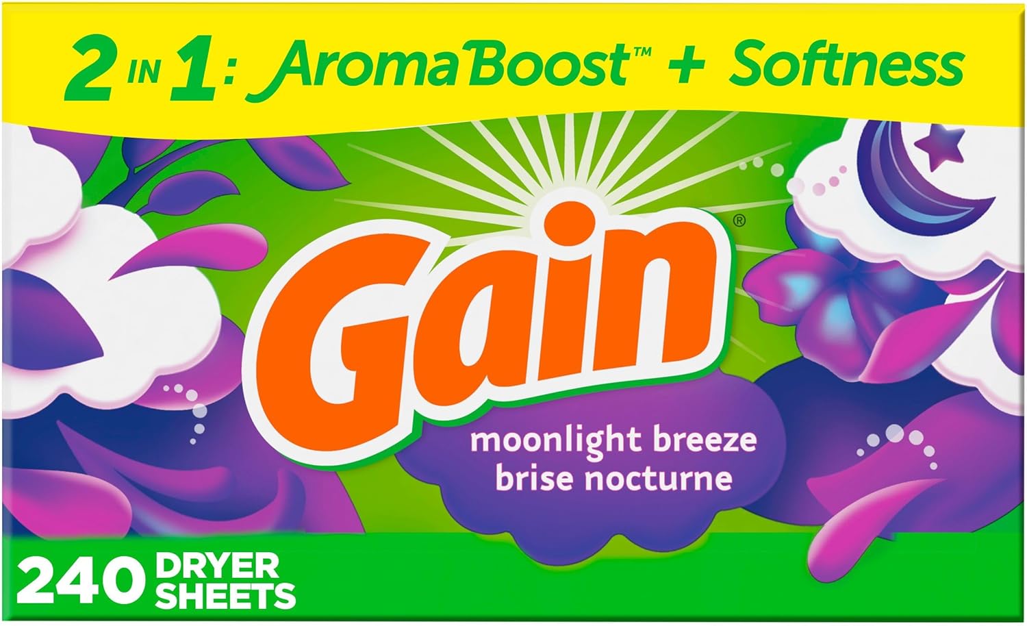 Gain Dryer Sheets Laundry Fabric Softener, Moonlight Breeze, 240 Count