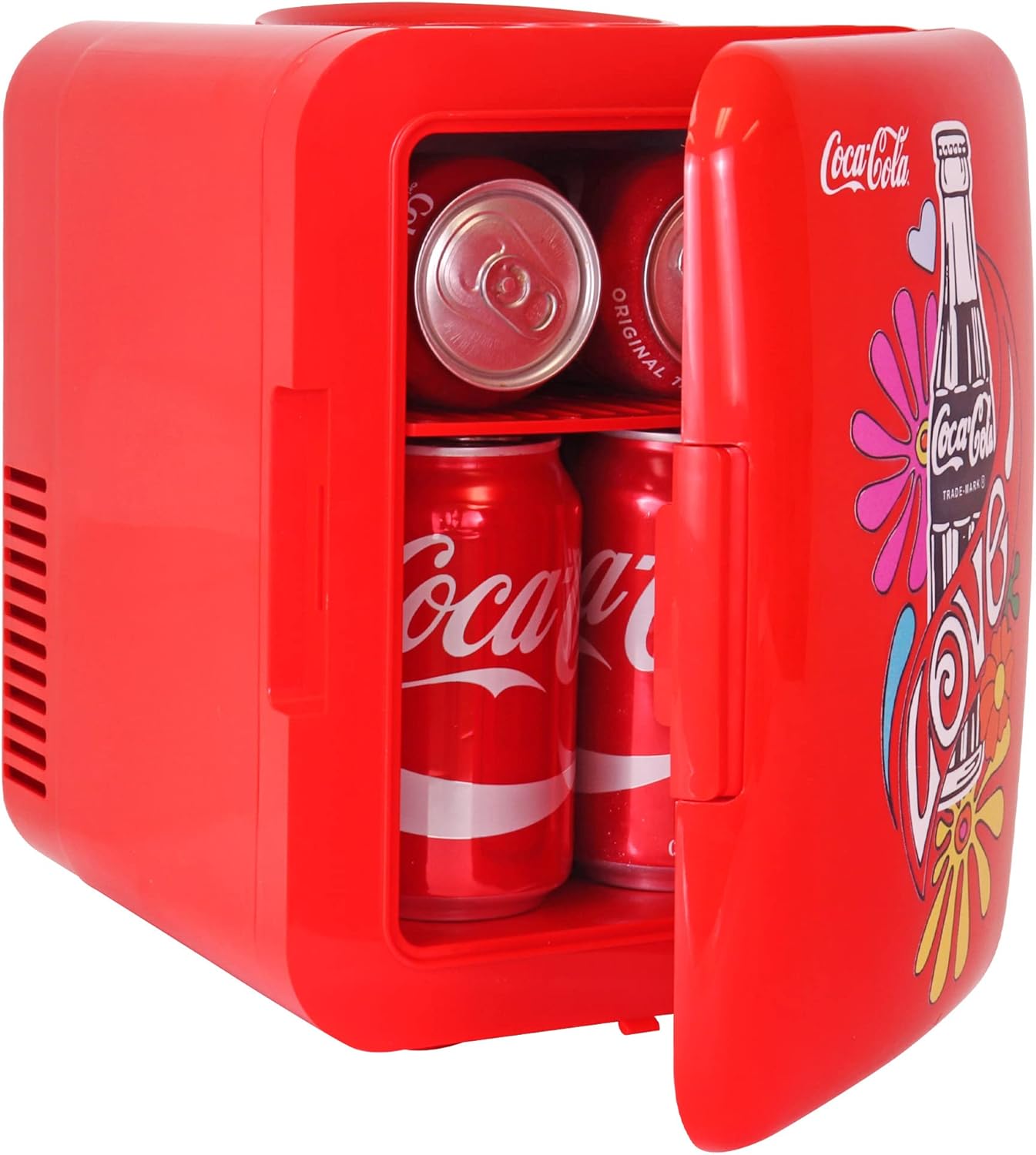 Coca-Cola Classic Coke Bottle 4L Mini Fridge w/ 12V DC and 110V AC Cords, 6 Can Portable Cooler, Personal Travel Refrigerator for Snacks Lunch Drinks Cosmetics, Desk Home Office Dorm, Red