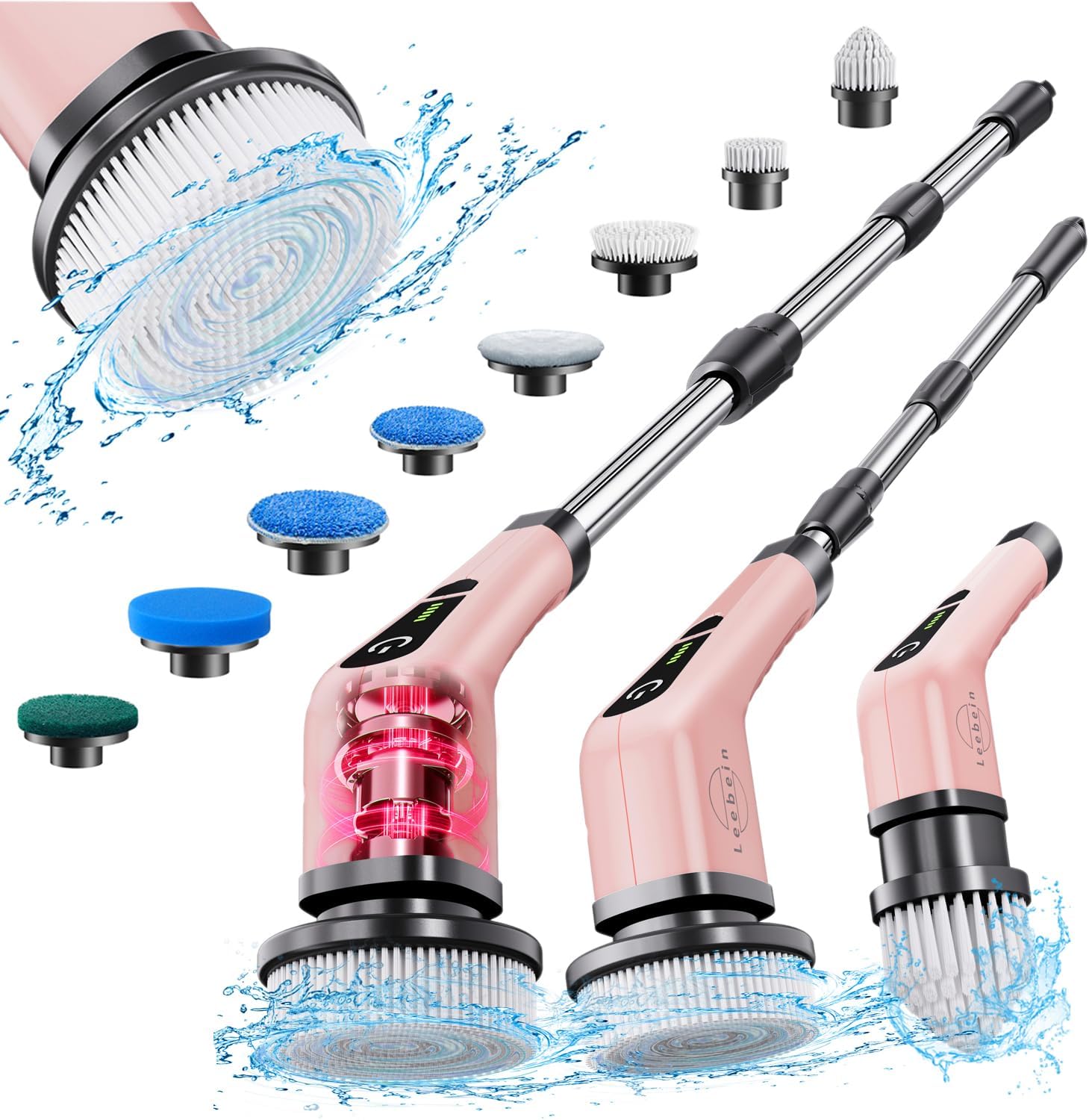 Leebein  Electric Spin Scrubber, Cordless Cleaning Brush with 8 Replaceable Brush Heads, Tub and Floor Tile 360 Power Scrubber Dual Speed with Adjustable & Detachable Handle for Bathroom Kitchen Car