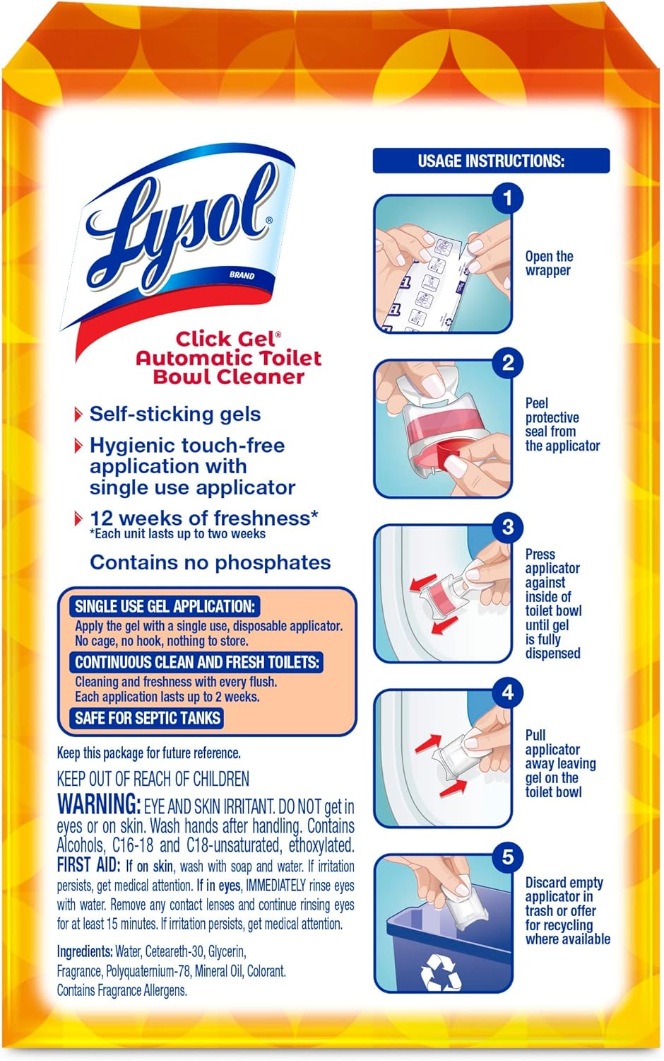 Lysol Click Gel Automatic Toilet Bowl Cleaner, Gel Toilet Bowl Cleaner, For Cleaning and Refreshing, Mango & Hibiscus, 6 Count (Pack of 1)