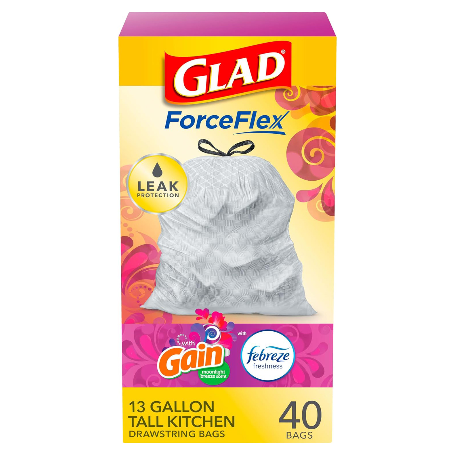 Glad Trash Bags, ForceFlex Tall Kitchen Drawstring Garbage Bags 13 Gallon White Trash Bag, Gain Moonlight Breeze scent with Febreze Freshness 100 Count (Package May Vary)
