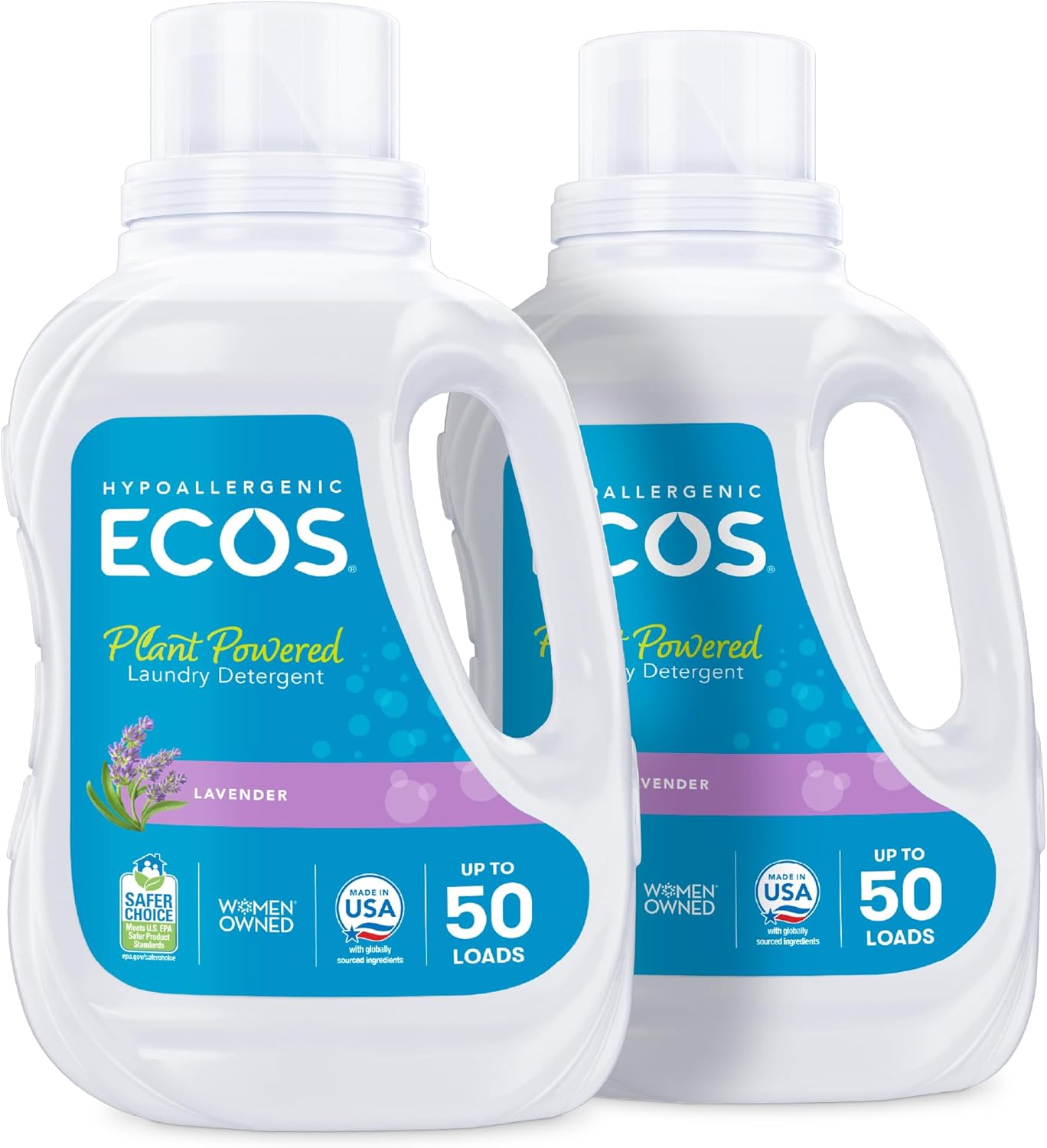 ECOS Laundry Detergent Liquid, 200 Loads - Dermatologist Tested Laundry Soap - Hypoallergenic, EPA Safer Choice Certified, Plant-Powered - Lavender, 100 Fl Oz (Pack of 2)