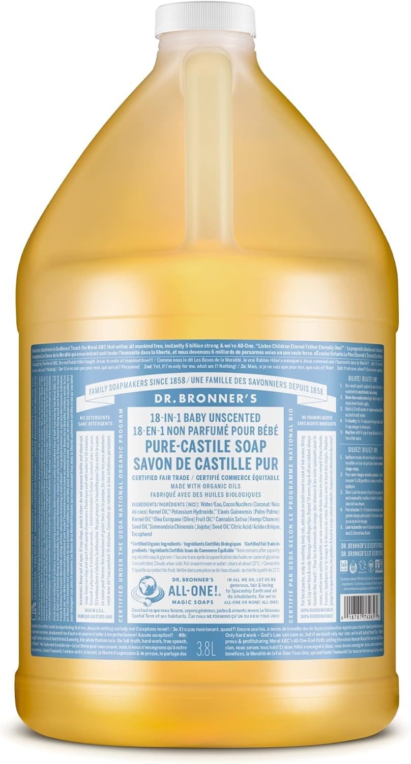 Dr. Bronner's - Pure-Castile Liquid Soap (Baby Unscented, 8 Ounce) - Made with Organic Oils, 18-in-1 Uses: Face, Hair, Laundry, Dishes, For Sensitive Skin, Babies, No Added Fragrance, Vegan, Non-GMO