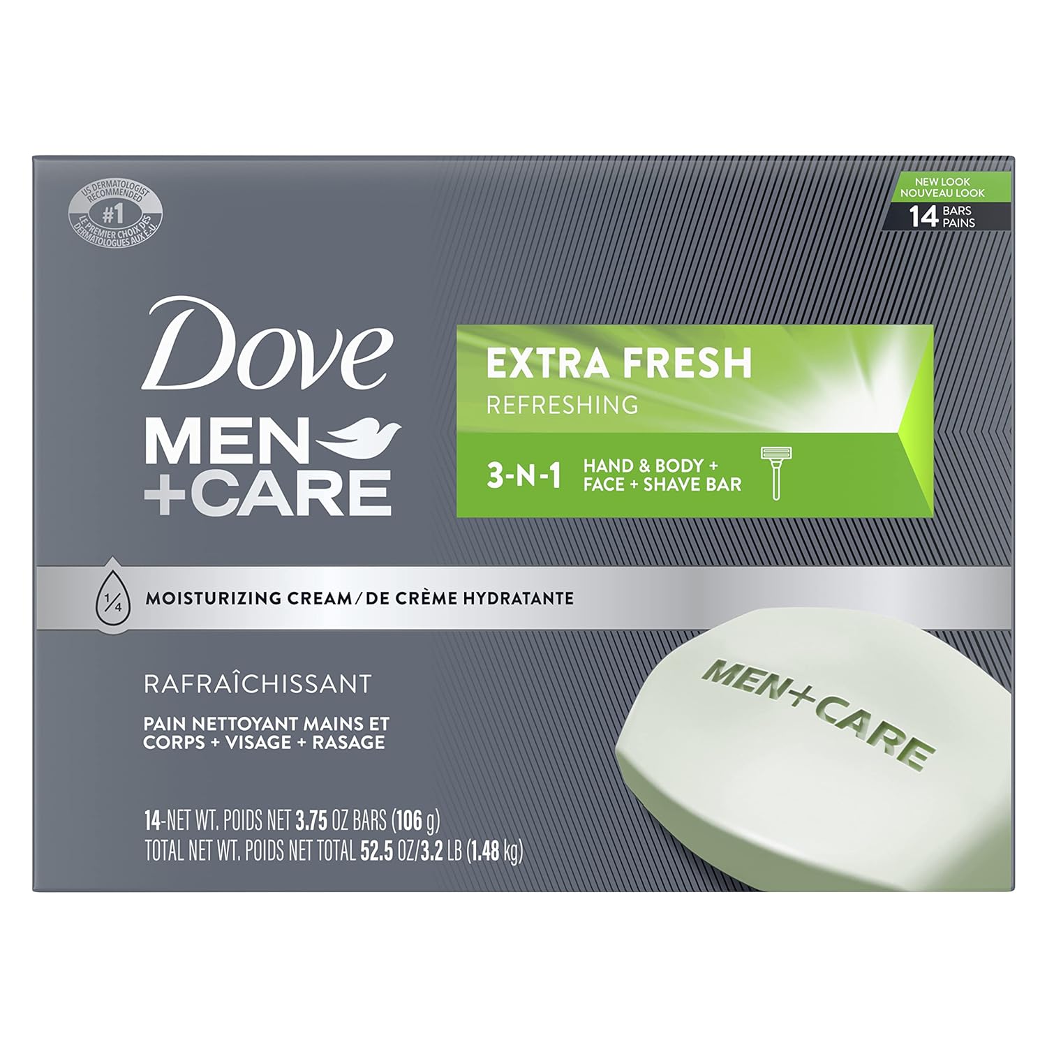 DOVE MEN + CARE 3 in 1 Bar Cleanser for Body, Face, and Shaving Extra Fresh Body and Facial Cleanser More Moisturizing Than Bar Soap to Clean and Hydrate Skin 3.75 Ounce (Pack of 8)
