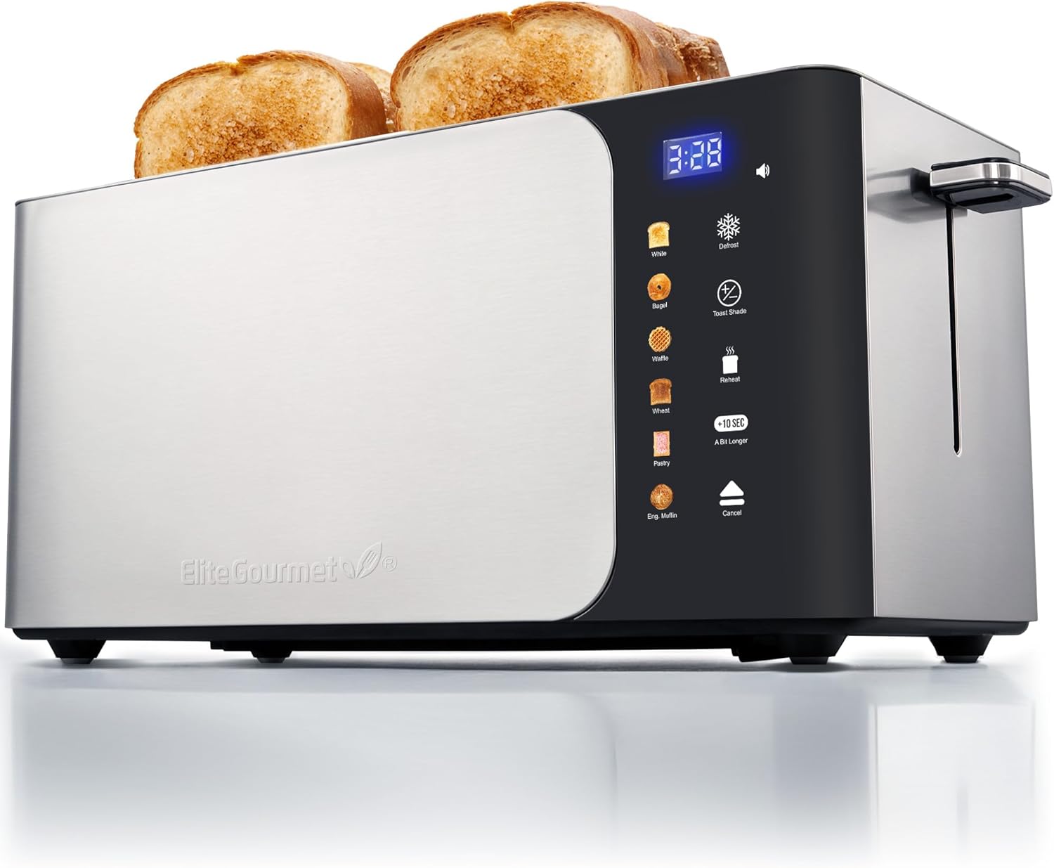 Elite Gourmet ECT-3100 Long Slot 4 Slice Toaster, Reheat, 6 Toast Settings, Defrost, Cancel Functions, Built-in Warming Rack, Extra Wide Slots for Bagels & Waffles, Stainless Steel & Black