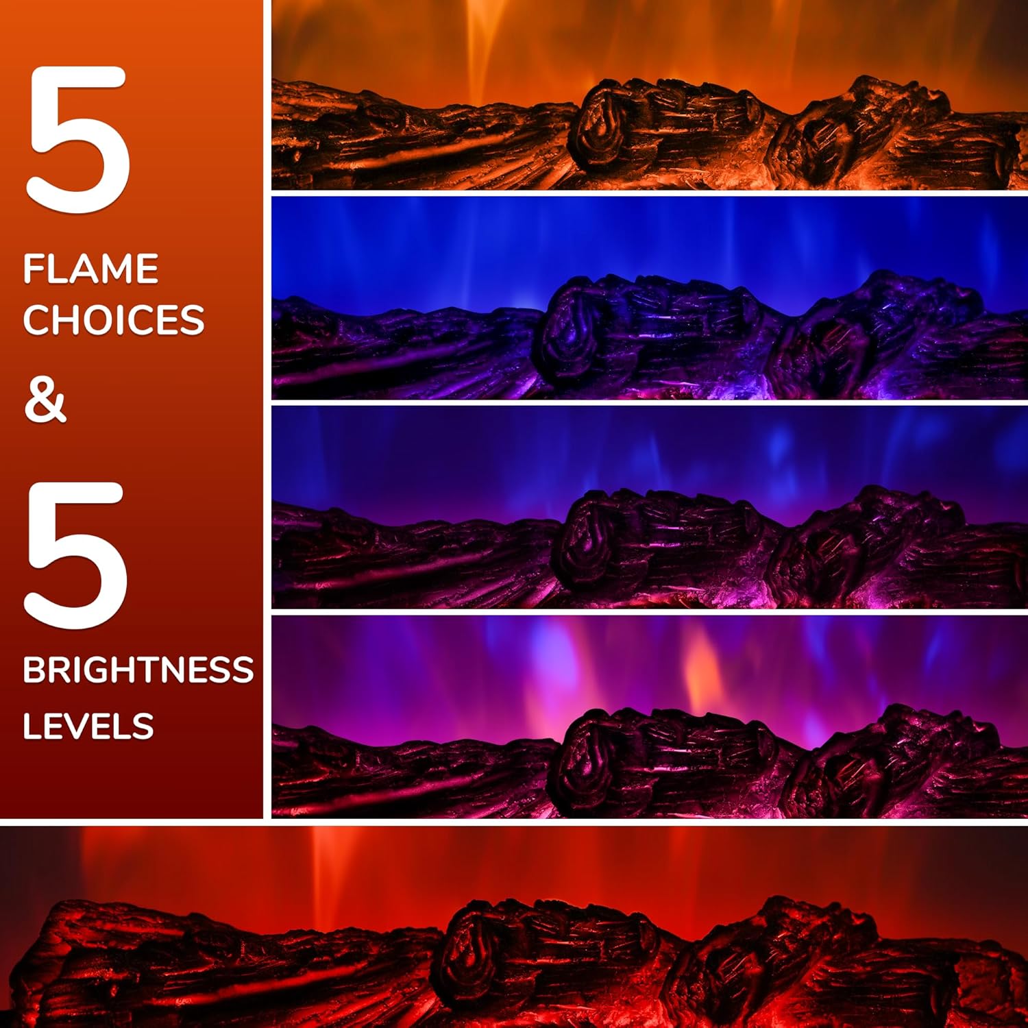 Electric Fireplace Logs 20-Inch, Remote Controller Fireplace Insert Log Heater, Adjustable Flame Colors, Realistic Fake firewood Flame, Overheat Protection, Timer, Thermostat, 1500W Black