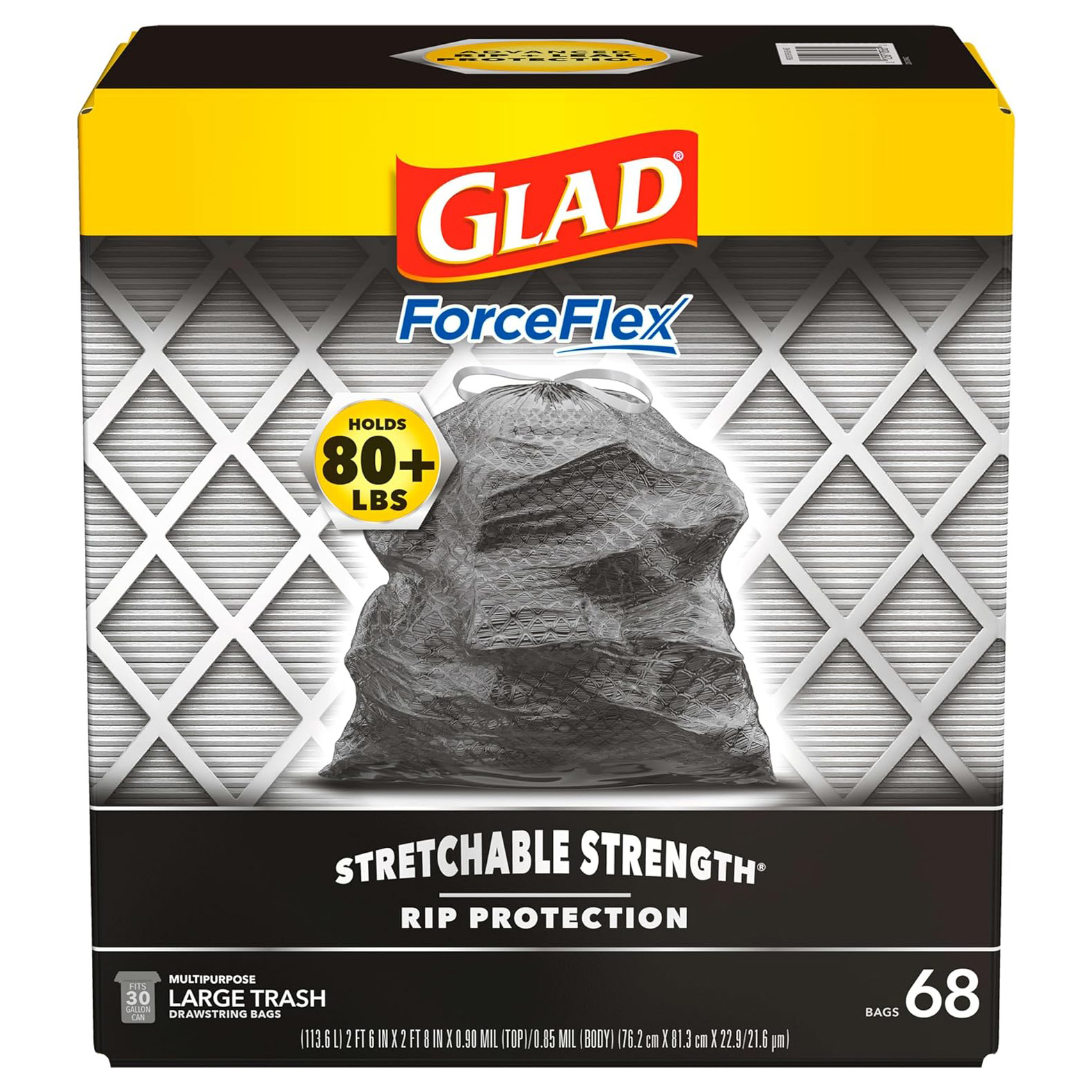 Glad Large Drawstring Trash Bags, ForceFlex 30 Gallon Black Trash Bags, 50 Count (Package May Vary)