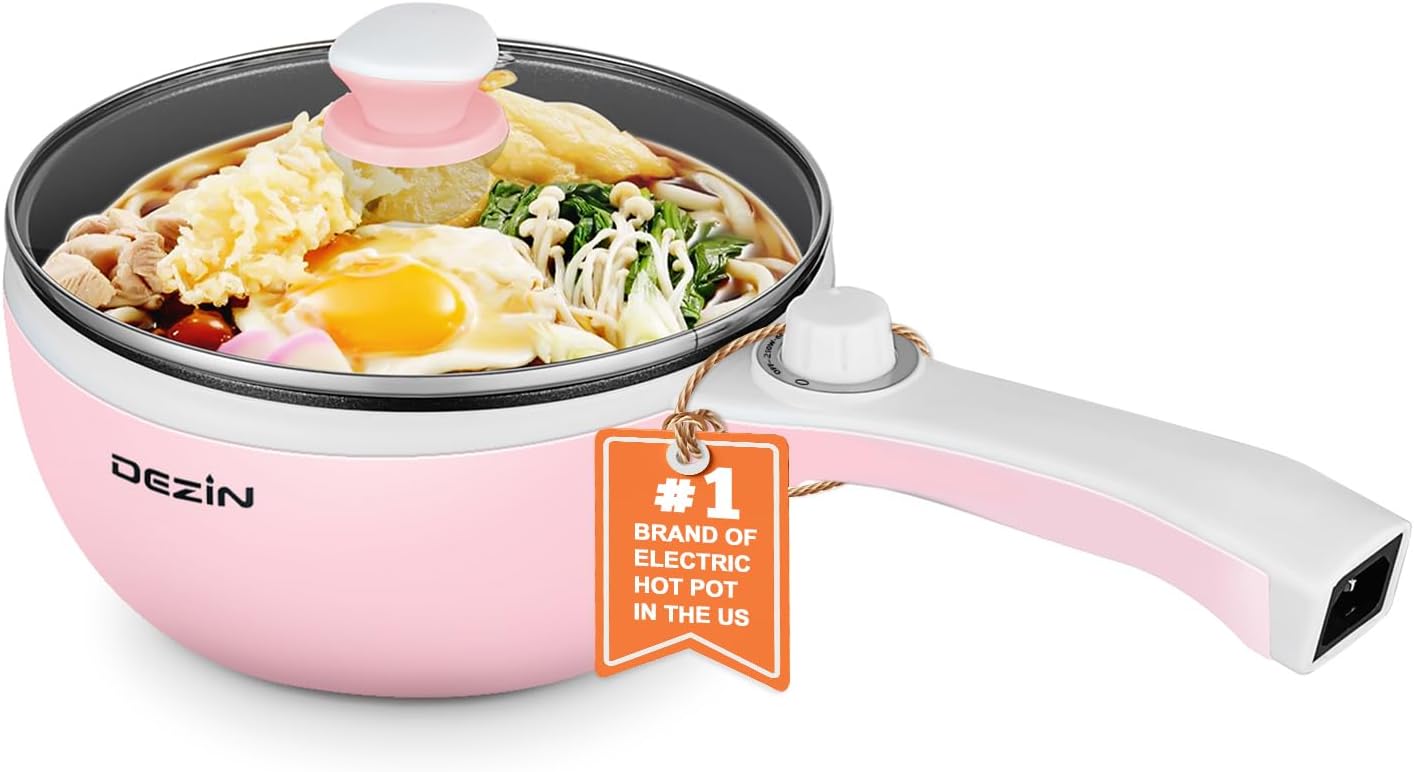 Dezin Hot Pot Electric Upgraded, Non-Stick Sauté Pan, Rapid Noodles Electric Pot, 1.5L Mini Portable Hot Pot for Steak, Egg, Fried Rice, Ramen, Oatmeal, Soup with Power Adjustment(Egg Rack Included)