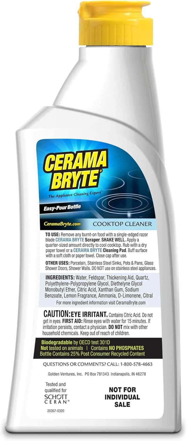 Cerama Bryte Combo Kit POW-R Grip, Scraper, Pad & Removes Tough Stains Cooktop and Stove Top Cleaner for Glass - Ceramic Surfaces, 10 Ounces, 4 Piece