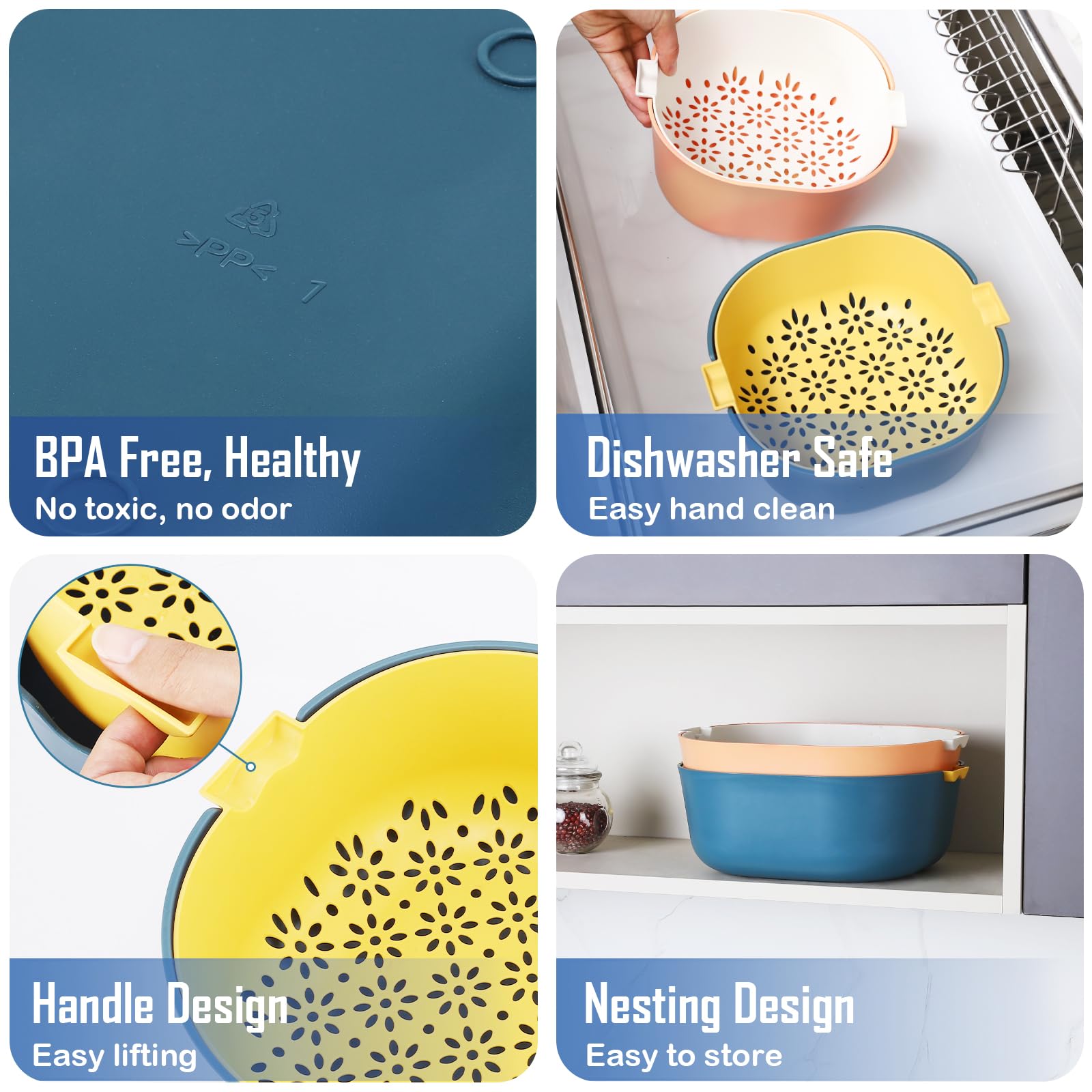 2 Packs Strainers and Colanders Bowl Set, Sturdy Kitchen Sink Strainer for Fruit and Vegetable Wash, Noodle Pasta Strainer, BPA Free, Dishwasher Safe, Orange White Blue Yellow, 5.5 Quart