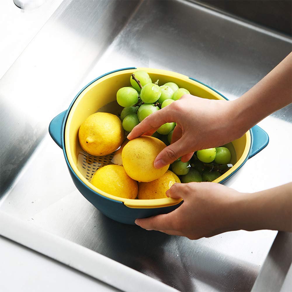 2 Pack Kitchen Strainer Colander Bowl Sets, 2-in-1 Multifunction Washing Bowl and Strainer, Large Double Layered Drain Basin and Basket, Colanders Strainers for Fruits Vegetables Cleaning Wash