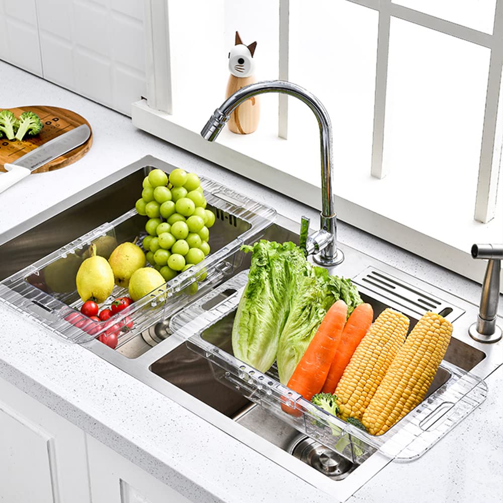 Over the Sink Colander Strainer Basket, Expandable Multifunctional Plastic Colander, Adjustable Drainer Basket, Wash Vegetables and Fruits, Drain Cooked Pasta and Dry Dishes - Transparent