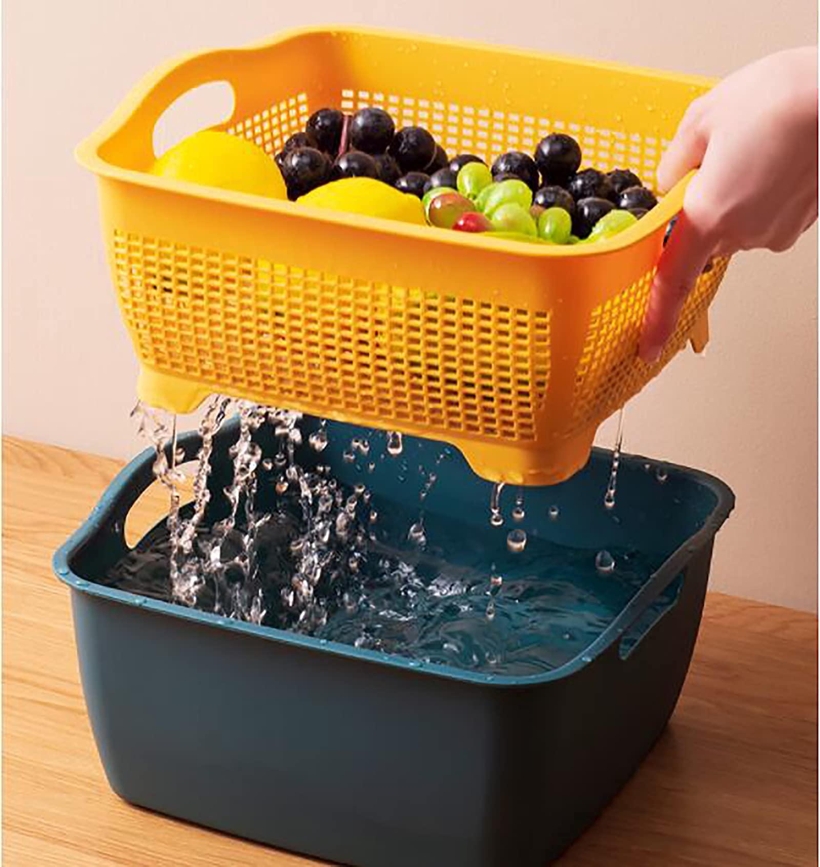 2 Pack 9 & 8 Quart Large Kitchen Strainer Colander Bowl Set, Double-Layer Plastic Fruits Vegetable Washing Basket, Drain Bowls for Cleaning Washing Mixing, Detachable (Blue, Orange)