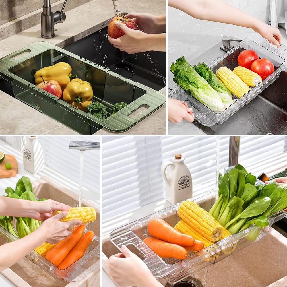 Over the Sink Colander Strainer Basket, Expandable Multifunctional Plastic Colander, Adjustable Drainer Basket, Wash Vegetables and Fruits, Drain Cooked Pasta and Dry Dishes - Transparent