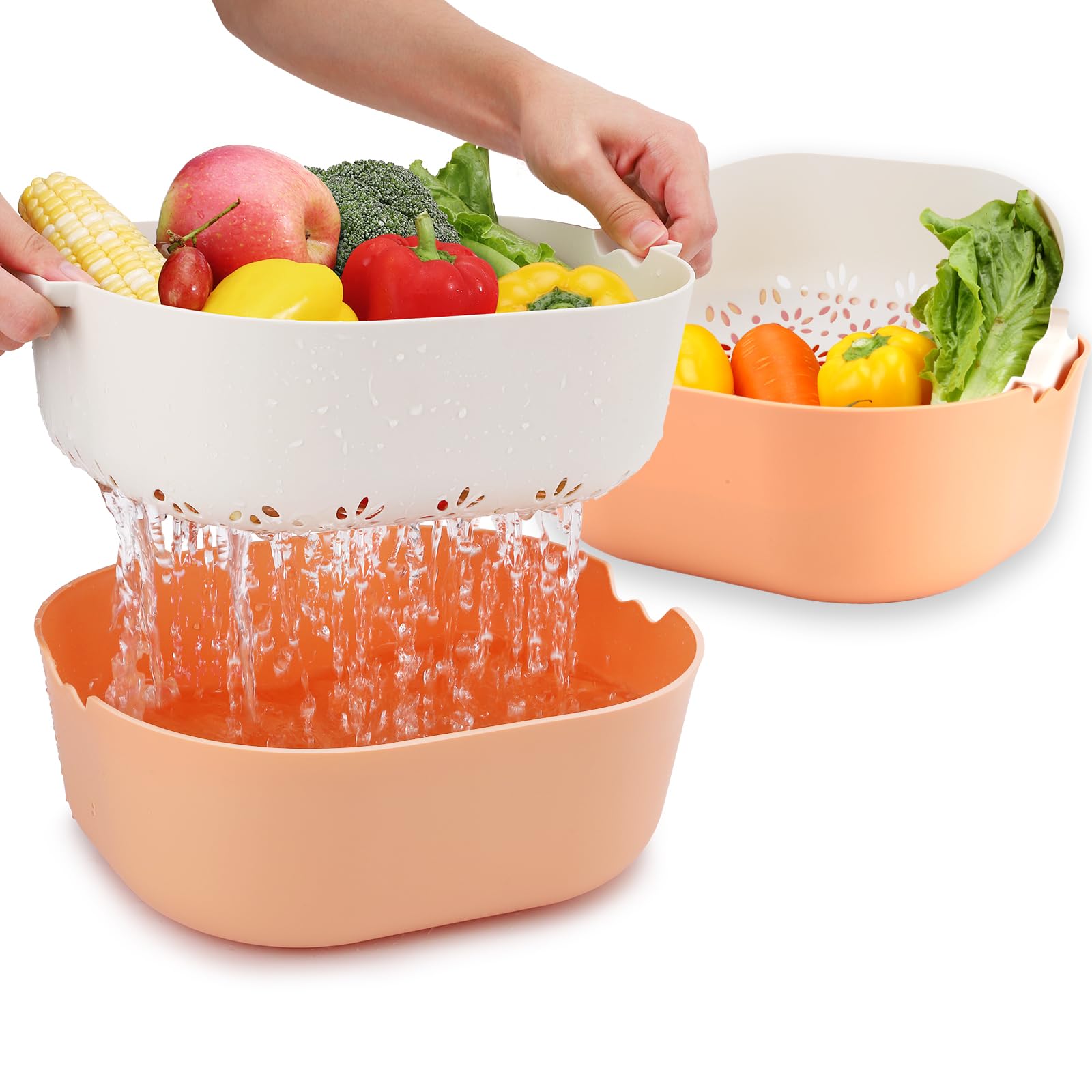 2 Packs Strainers and Colanders Bowl Set, Sturdy Kitchen Sink Strainer for Fruit and Vegetable Wash, Noodle Pasta Strainer, BPA Free, Dishwasher Safe, Orange White Blue Yellow, 5.5 Quart
