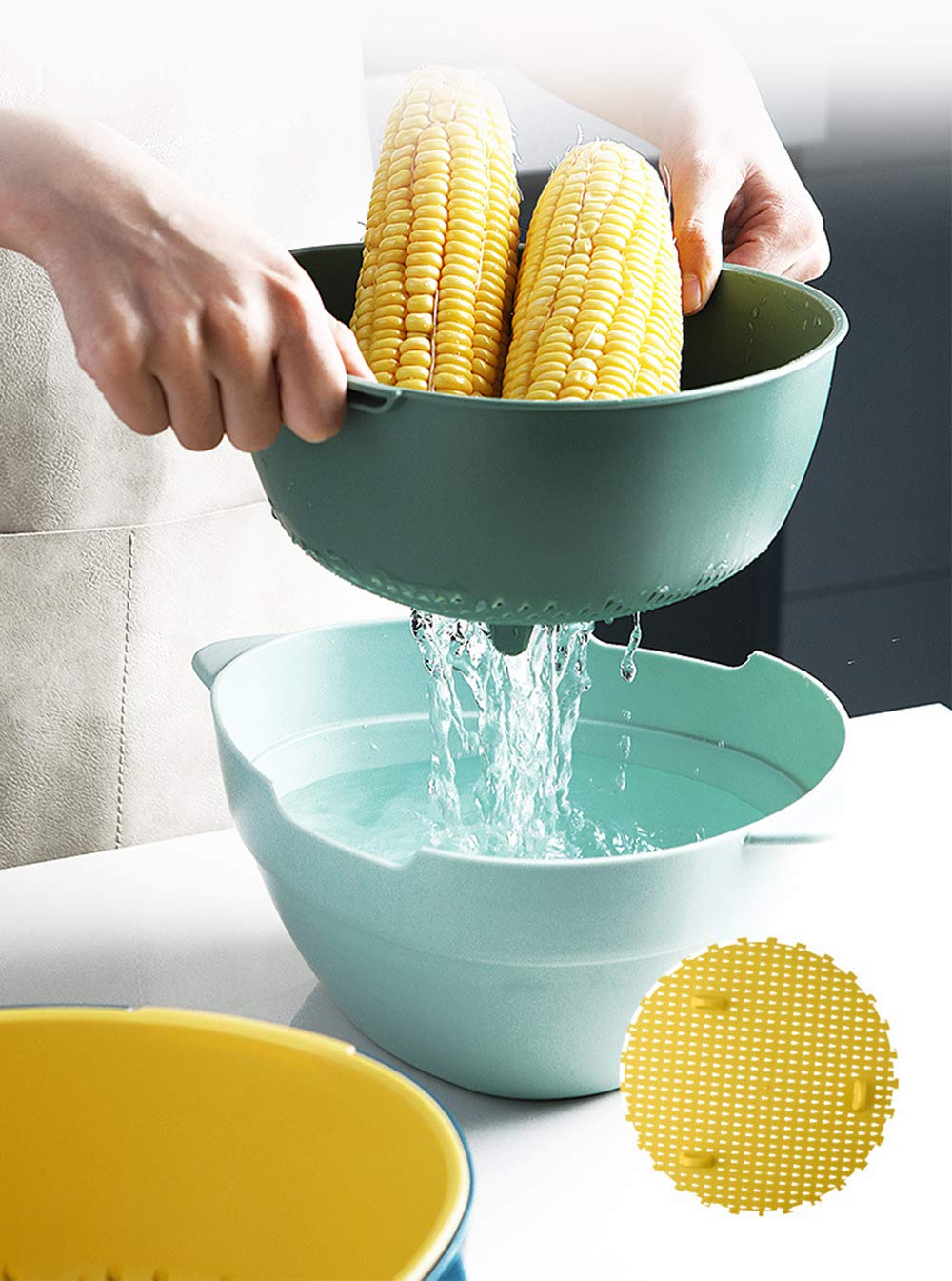 2 Pack Kitchen Strainer Colander Bowl Sets, 2-in-1 Multifunction Washing Bowl and Strainer, Large Double Layered Drain Basin and Basket, Colanders Strainers for Fruits Vegetables Cleaning Wash