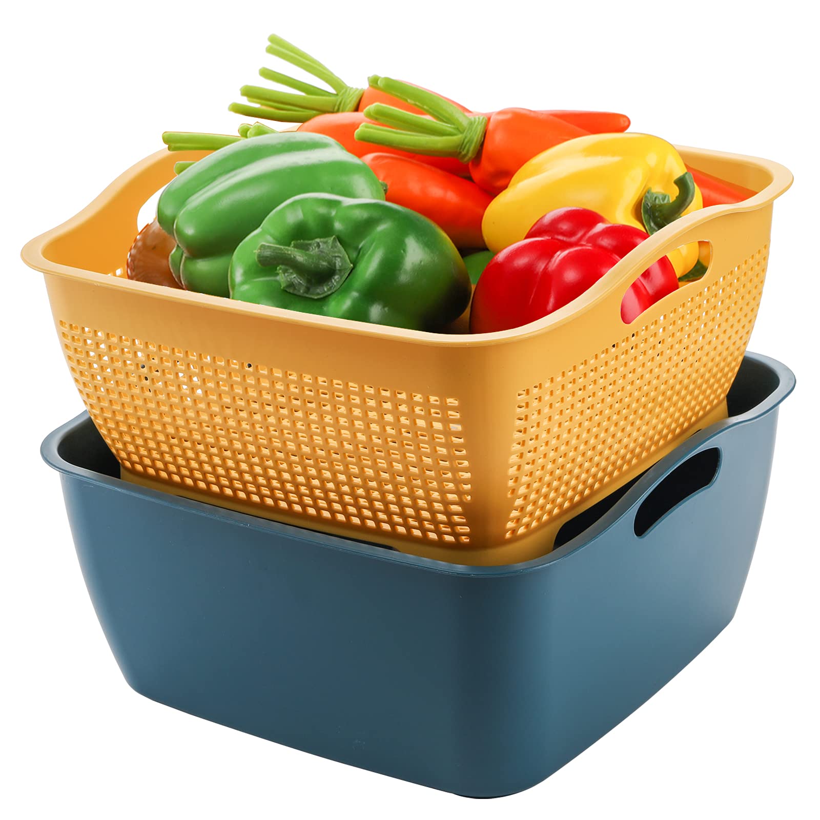 2 Pack 9 & 8 Quart Large Kitchen Strainer Colander Bowl Set, Double-Layer Plastic Fruits Vegetable Washing Basket, Drain Bowls for Cleaning Washing Mixing, Detachable (Blue, Orange)