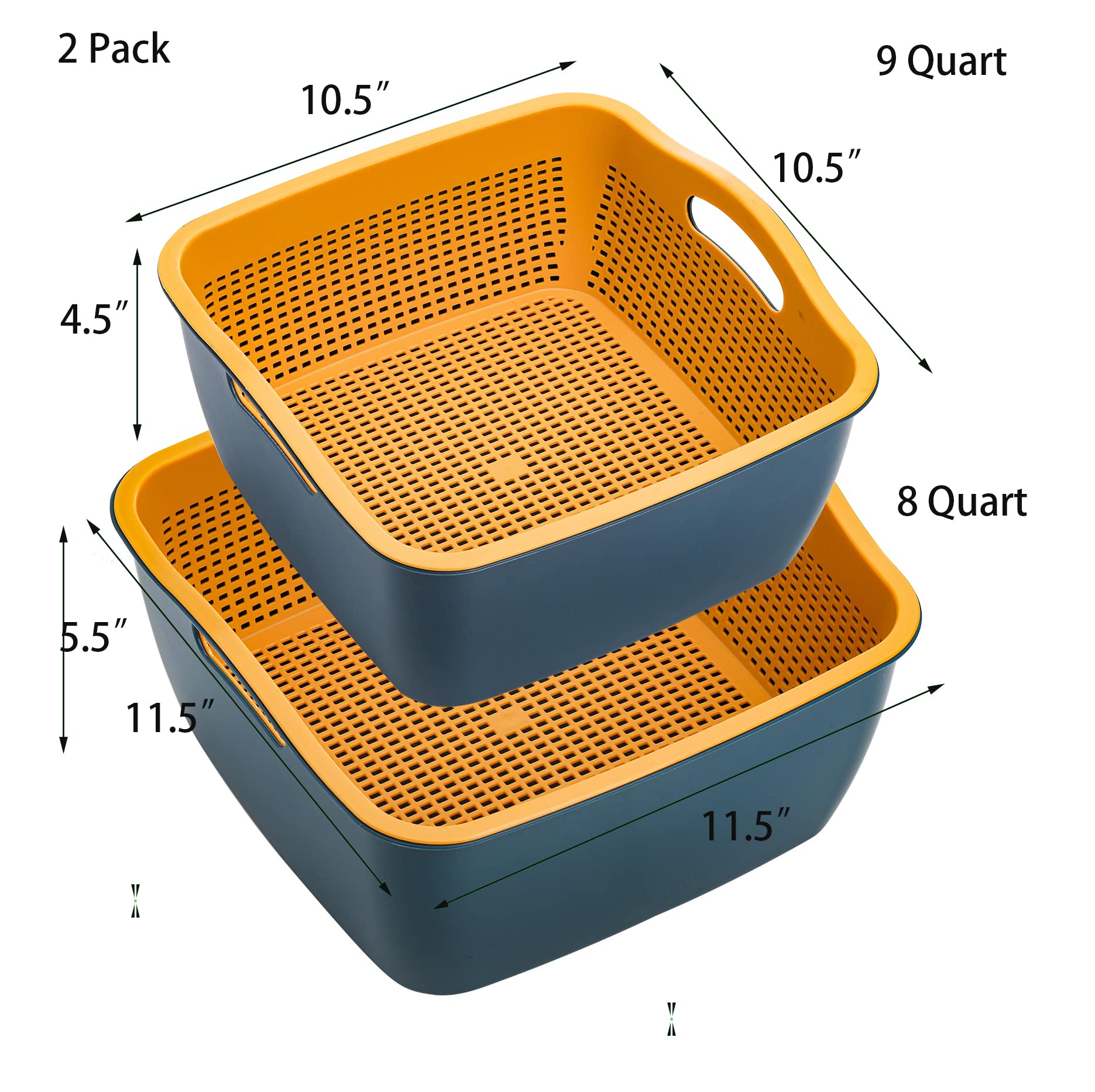 2 Pack 9 & 8 Quart Large Kitchen Strainer Colander Bowl Set, Double-Layer Plastic Fruits Vegetable Washing Basket, Drain Bowls for Cleaning Washing Mixing, Detachable (Blue, Orange)