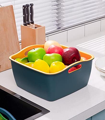 2 Pack 9 & 8 Quart Large Kitchen Strainer Colander Bowl Set, Double-Layer Plastic Fruits Vegetable Washing Basket, Drain Bowls for Cleaning Washing Mixing, Detachable (Blue, Orange)