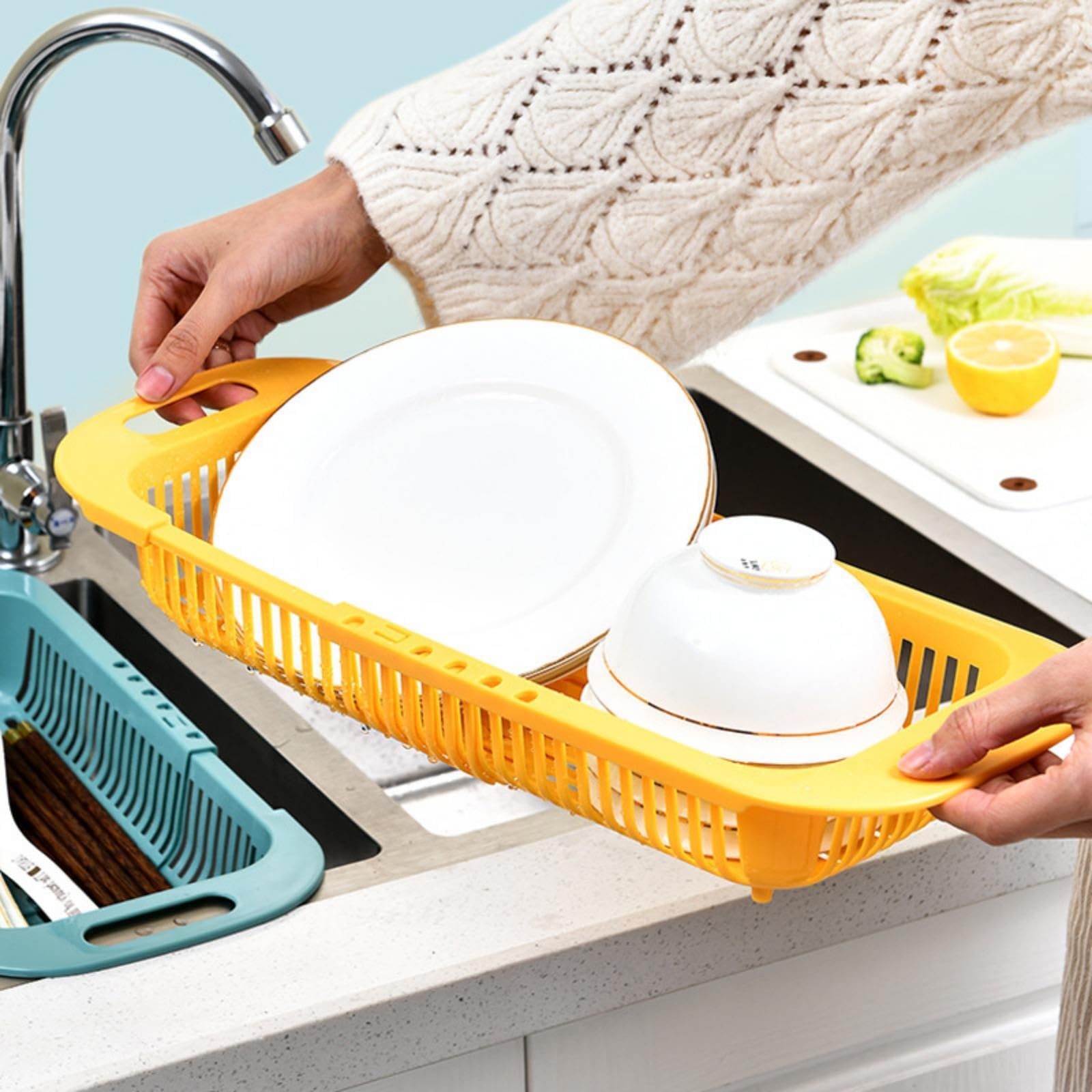 Adjustable Dish Drainer Dish Rack Over The Sink, Extendable Vegetable Fruit Washing Basket, Drying Rack, Collapsible Strainer Basket,Plastics(Yellow+Blue)