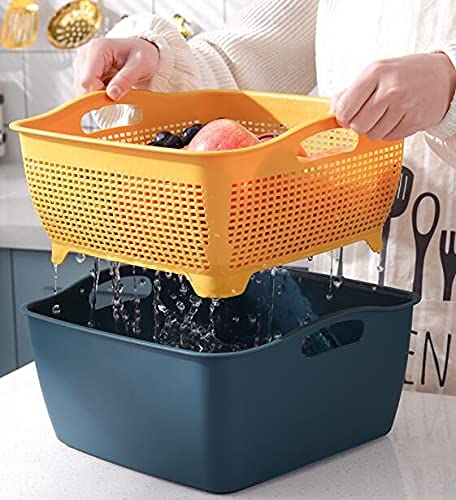 2 Pack 9 & 8 Quart Large Kitchen Strainer Colander Bowl Set, Double-Layer Plastic Fruits Vegetable Washing Basket, Drain Bowls for Cleaning Washing Mixing, Detachable (Blue, Orange)