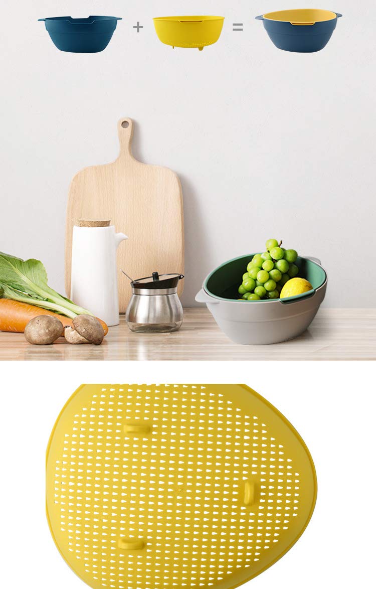 2 Pack Kitchen Strainer Colander Bowl Sets, 2-in-1 Multifunction Washing Bowl and Strainer, Large Double Layered Drain Basin and Basket, Colanders Strainers for Fruits Vegetables Cleaning Wash