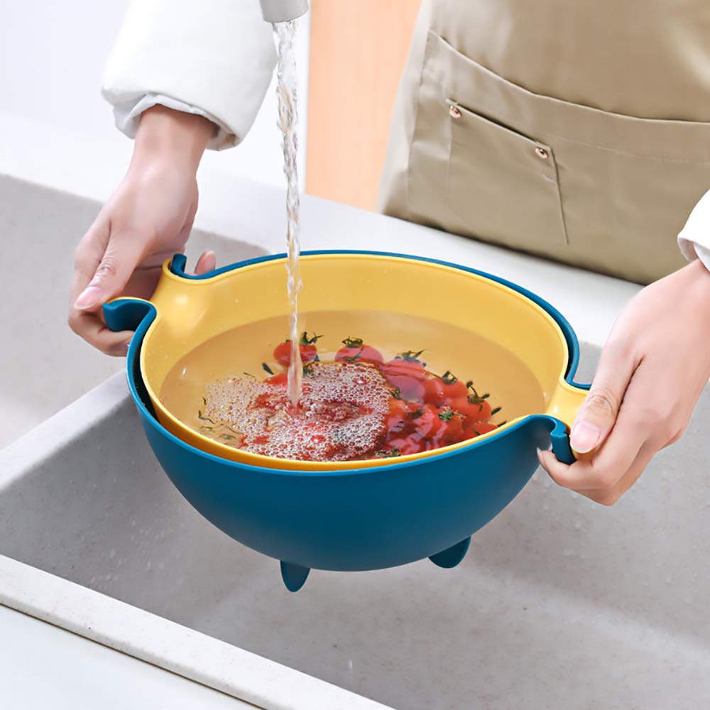 Kitchen Food Strainer for Spaghetti, Pasta, Double-Layer Separation Design Multifunction Kitchen Colander, Double Layered Rotatable Drain Basin and Basket (Yellow)