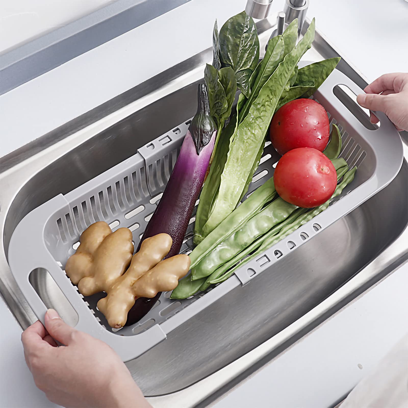 Extendable Over the Sink Colander Fruits and Vegetables Drain Basket Adjustable Strainer Sink Washing Basket for Kitchen (Beige)