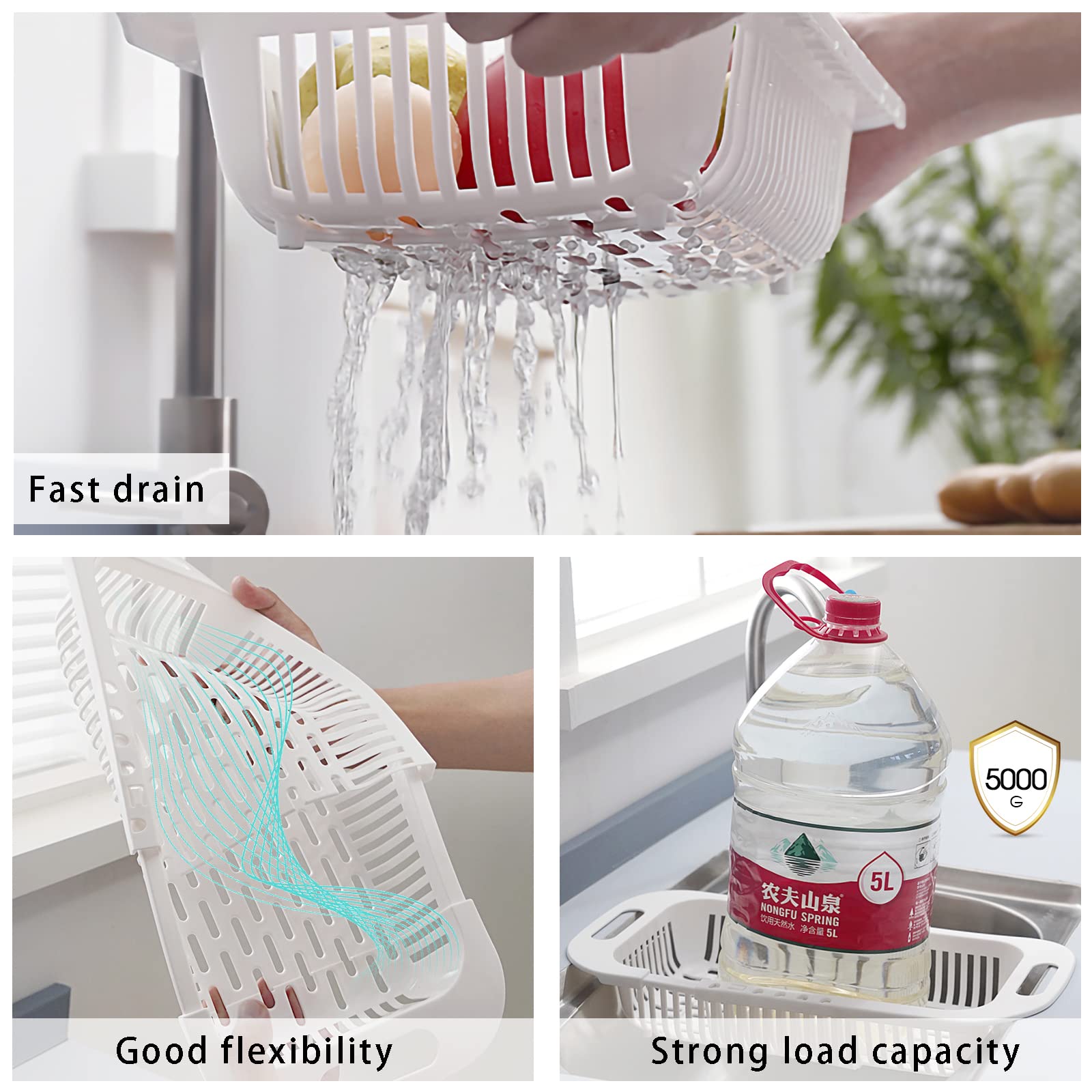 Extendable Over the Sink Colander Fruits and Vegetables Drain Basket Adjustable Strainer Sink Washing Basket for Kitchen (Beige)