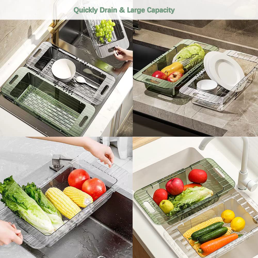 Over the Sink Colander Strainer Basket, Expandable Multifunctional Plastic Colander, Adjustable Drainer Basket, Wash Vegetables and Fruits, Drain Cooked Pasta and Dry Dishes - Transparent