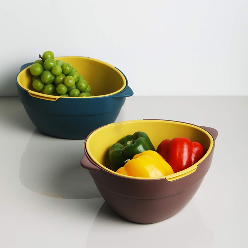 2 Pack Kitchen Strainer Colander Bowl Sets, 2-in-1 Multifunction Washing Bowl and Strainer, Large Double Layered Drain Basin and Basket, Colanders Strainers for Fruits Vegetables Cleaning Wash
